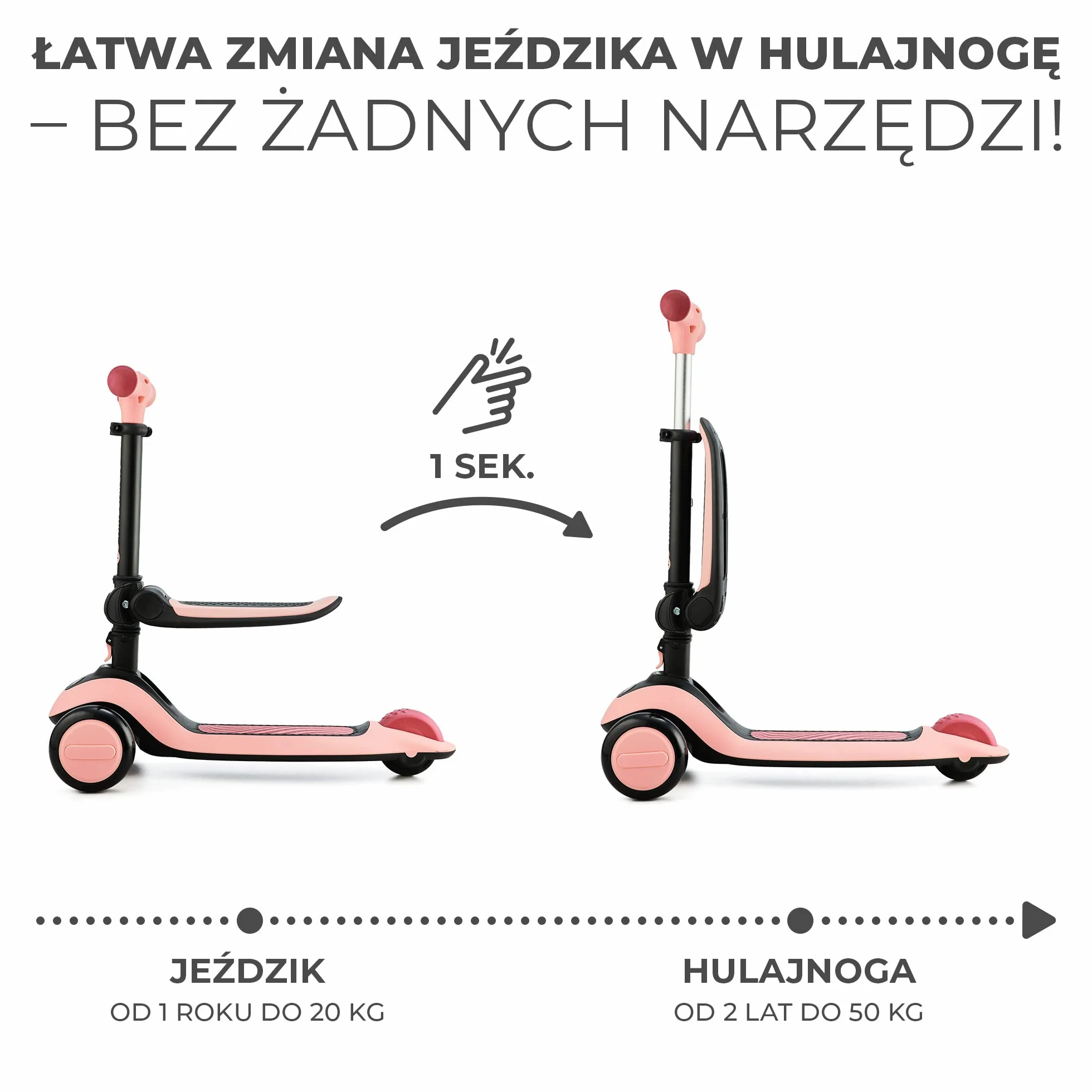 Kinderkraft HALLEY Hulajnoga dziecięca od 1 roku do 13 lat, 3 koła ze światełkami LED, Hulajnoga z siedziskiem, Funkcja rowerka biegowego, Regulowana wysokość, Obciążenie do 50 kg, Różowa