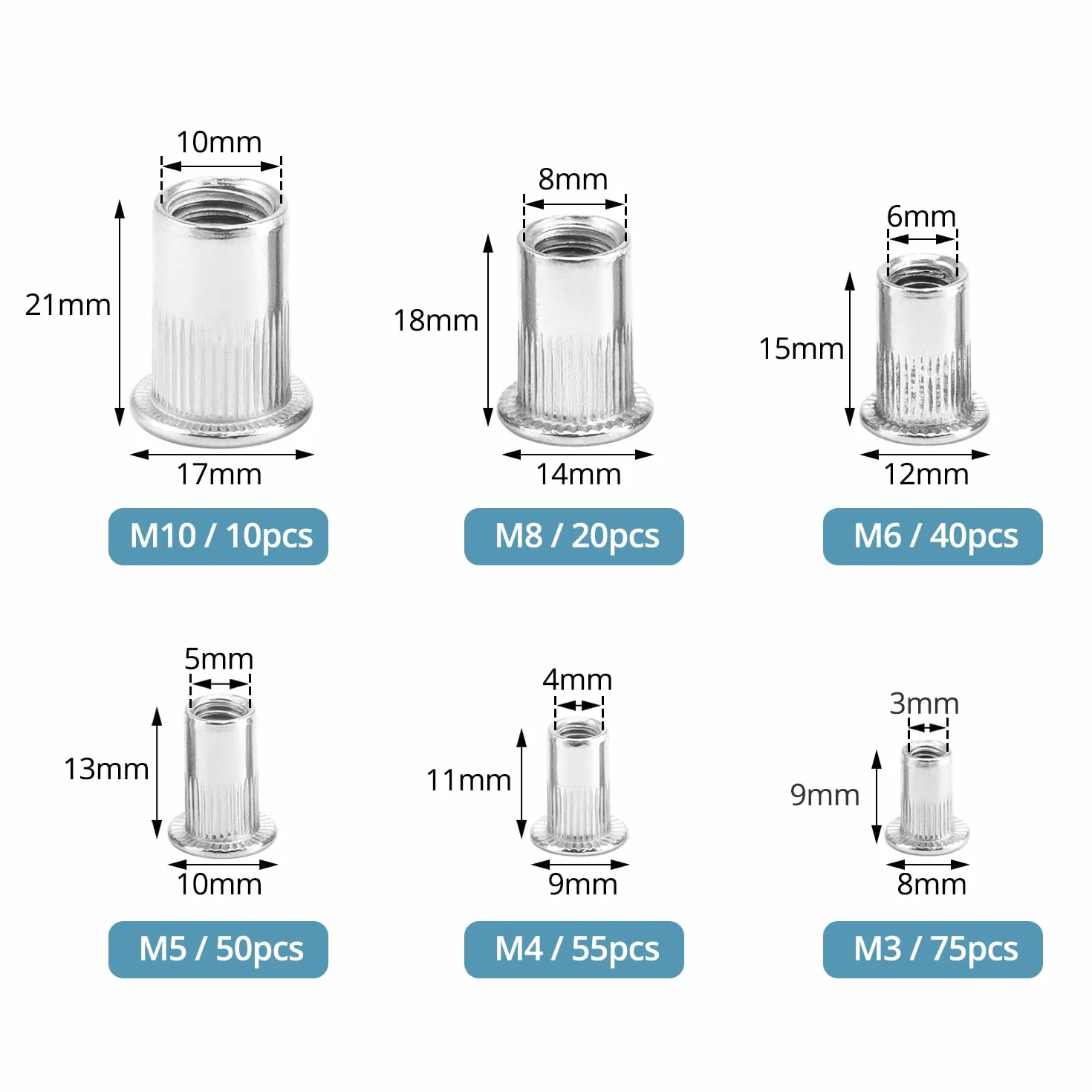 QWORK® 250 sztuk nitonakrętek ze stali nierdzewnej 304, zestaw 6 rozmiarów, M3, M4, M5, M6, M8, M10