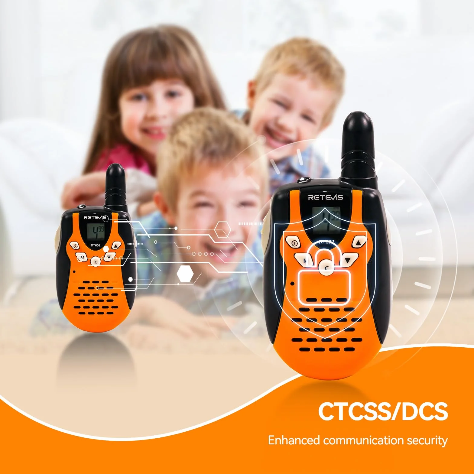 Retevis RT602 Kids Walkie Talkies Akumulator PMR446 8-kanałowy Latarka VOX Dzieci Walkie Talkie z bateriami litowo-jonowymi i ładowarką (pomarańczowy, 1 para)