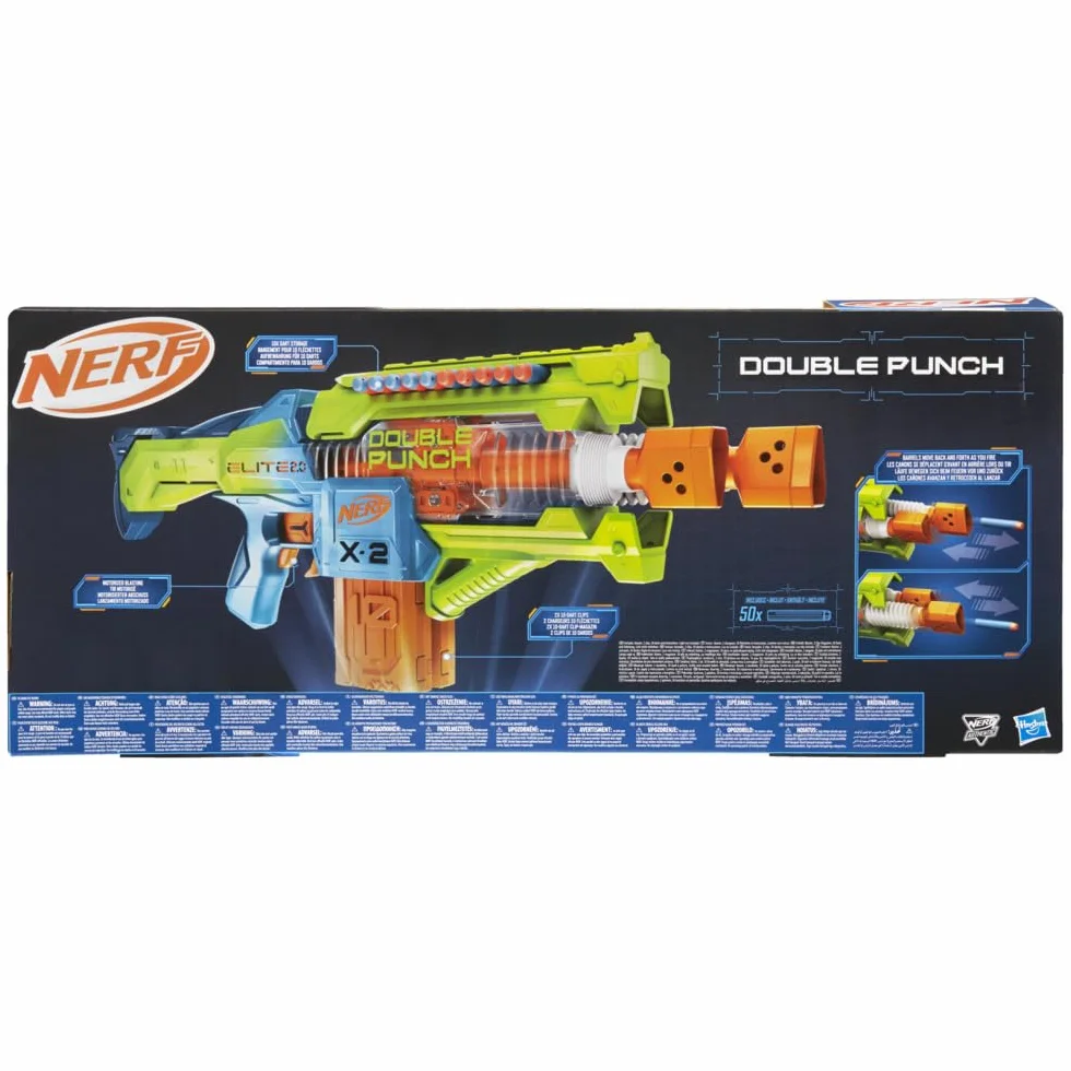 Zautomatyzowana wyrzutnia strzałek Nerf Elite 2.0 Double Punch, szybko zmieniające się lufy, 50 strzałek Nerf Elite, dwa 10-strzałkowe magazynki, wiek: od 8 lat