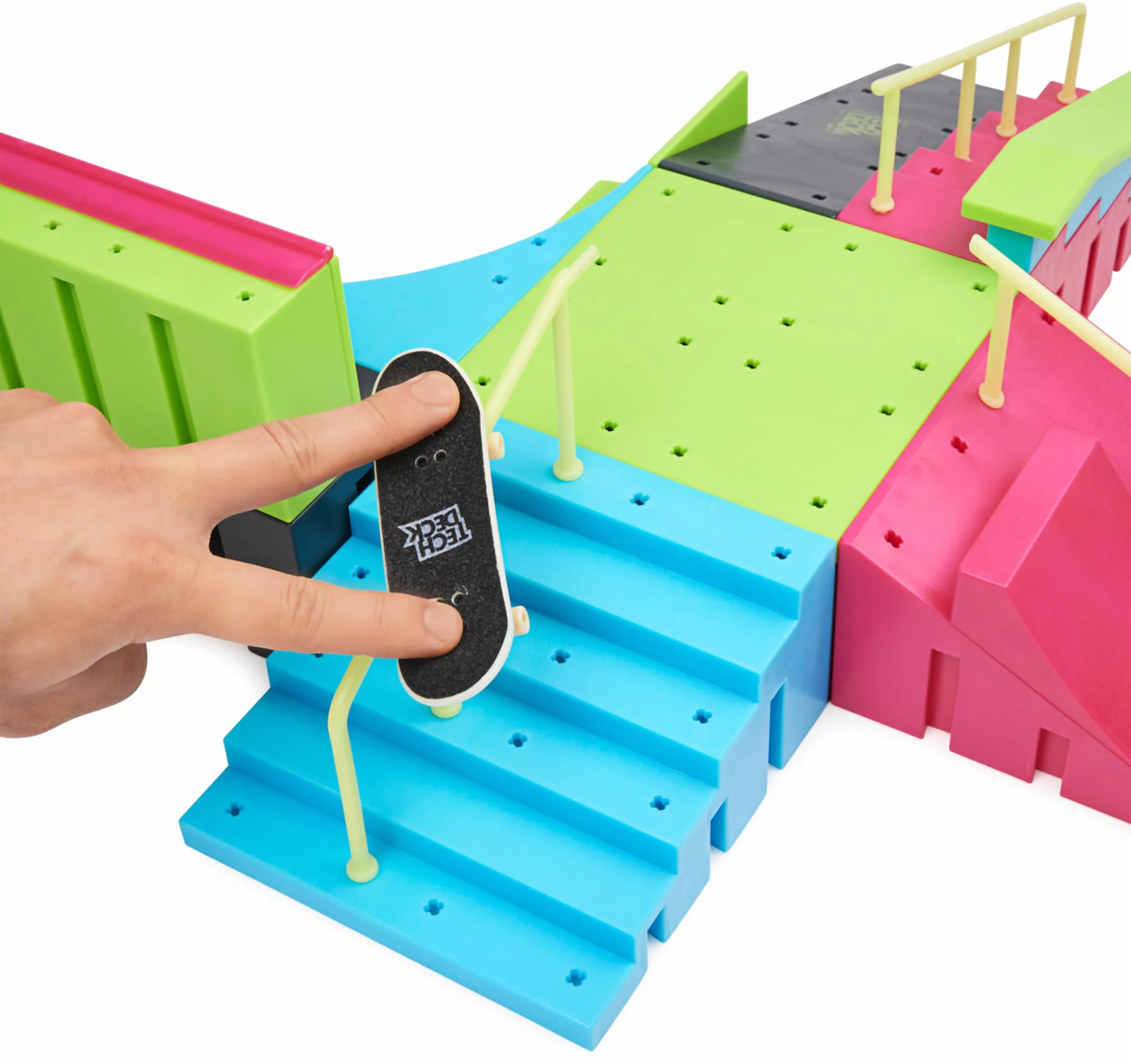 Tech Deck, Neon Mega Park X-Connect Creator, Glow-In-The-Dark zestaw ramp z dwoma palcami, zabawka dla dzieci w wieku 6 lat i więcej