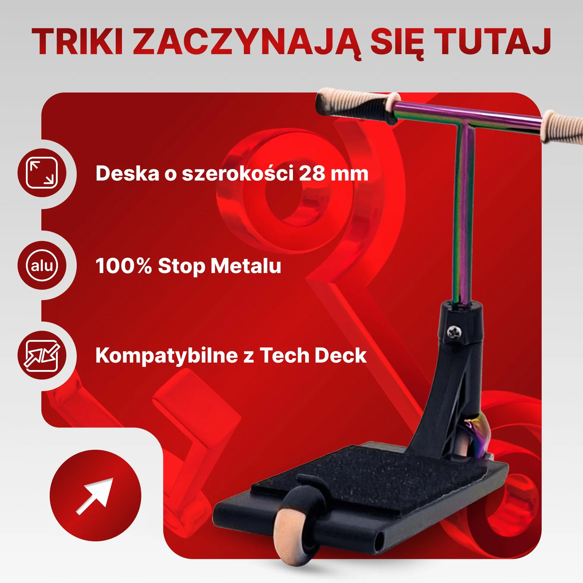 TAILWHIP Finger Scooter z Metalu, Mini Hulajnoga na Palce do Imponujących Sztuczek, Zabawka Rozwijająca Motorykę Ręczną, Kompatybilna z Finger Tech Deck Skateboard Skatepark Bike BMX, czarny