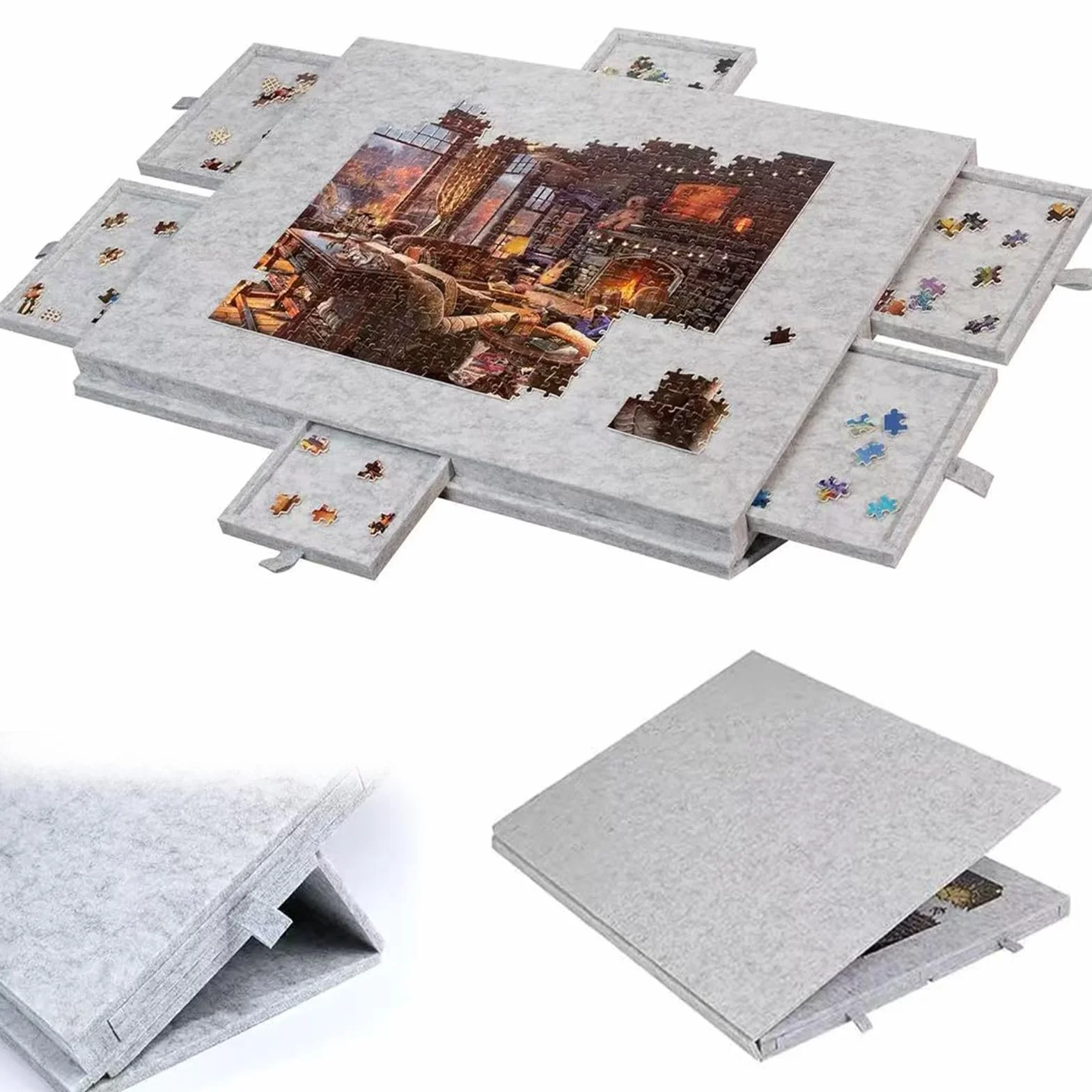 Tablica do układania puzzli z 6 szufladami i pokrywą, do 1500 elementów, lekka, przenośna plansza z filcowymi puzzlami z regulowaną podstawą, dla dorosłych i dzieci beige 1500 pieces