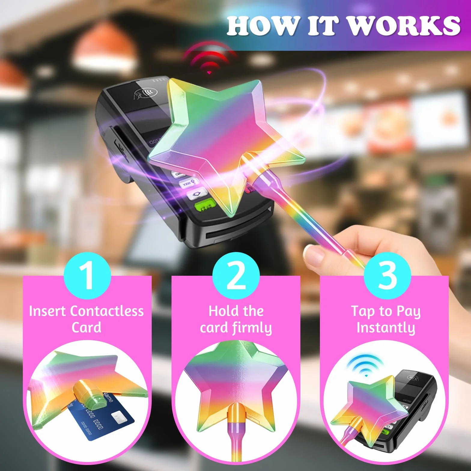 TOGETDREAM Magiczna różdżka z nadrukiem 3D, gwiazda różdżka magiczna różdżka karty kredytowej, różdżka z uchwytem na kartę kredytową, dotknij, aby zapłacić za dzieci, nastolatki i dorosłych (tęcza)