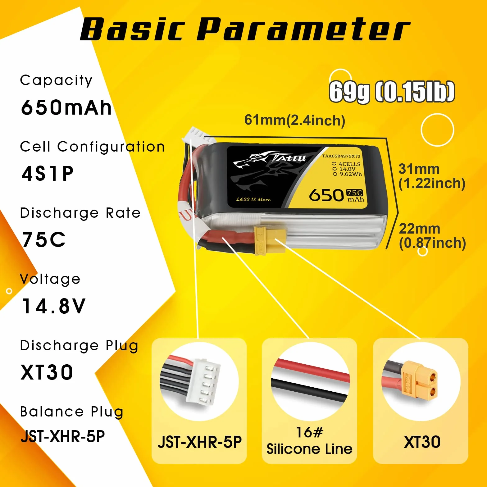 TATTU 4S lipo 650 mAh 4S1P 75C 14.8V Lipo Pack akumulator z wtyczką XT30 do drona UAV RC Quadrocopter Multirotor FPV 150 rozmiar