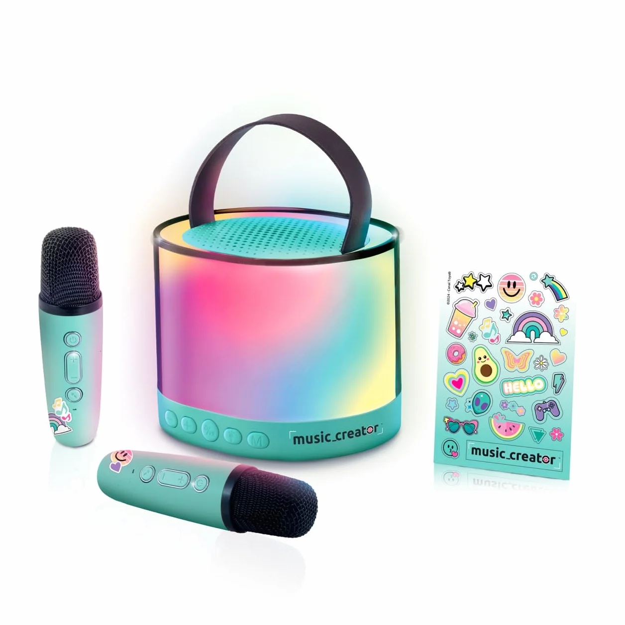 Canal Toys Stacja do karaoke Bluetooth z 2 bezprzewodowymi mikrofonami i efektami głosowymi, przenośny głośnik LED, 4 efekty głosowe, regulacja głośności i echo, kompatybilna z kartami SD