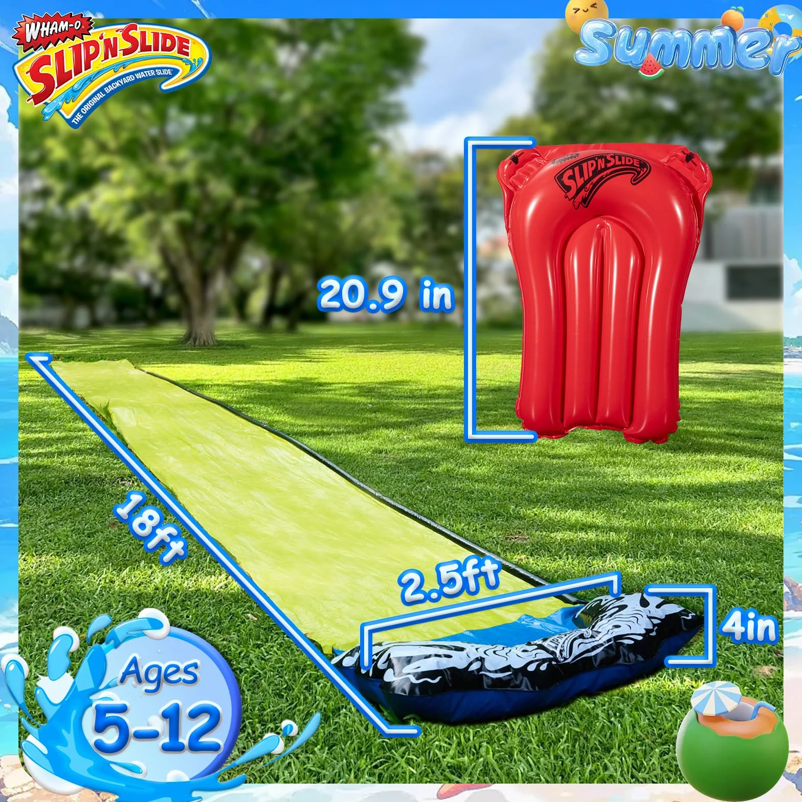 Wham-O Slide Wave Rider Slip N Slide Wave Rider 548,64 cm z boogie, letnia zabawka outdoorowa dla dzieci w wieku 5-12 lat, idealna na imprezy trawnikowe