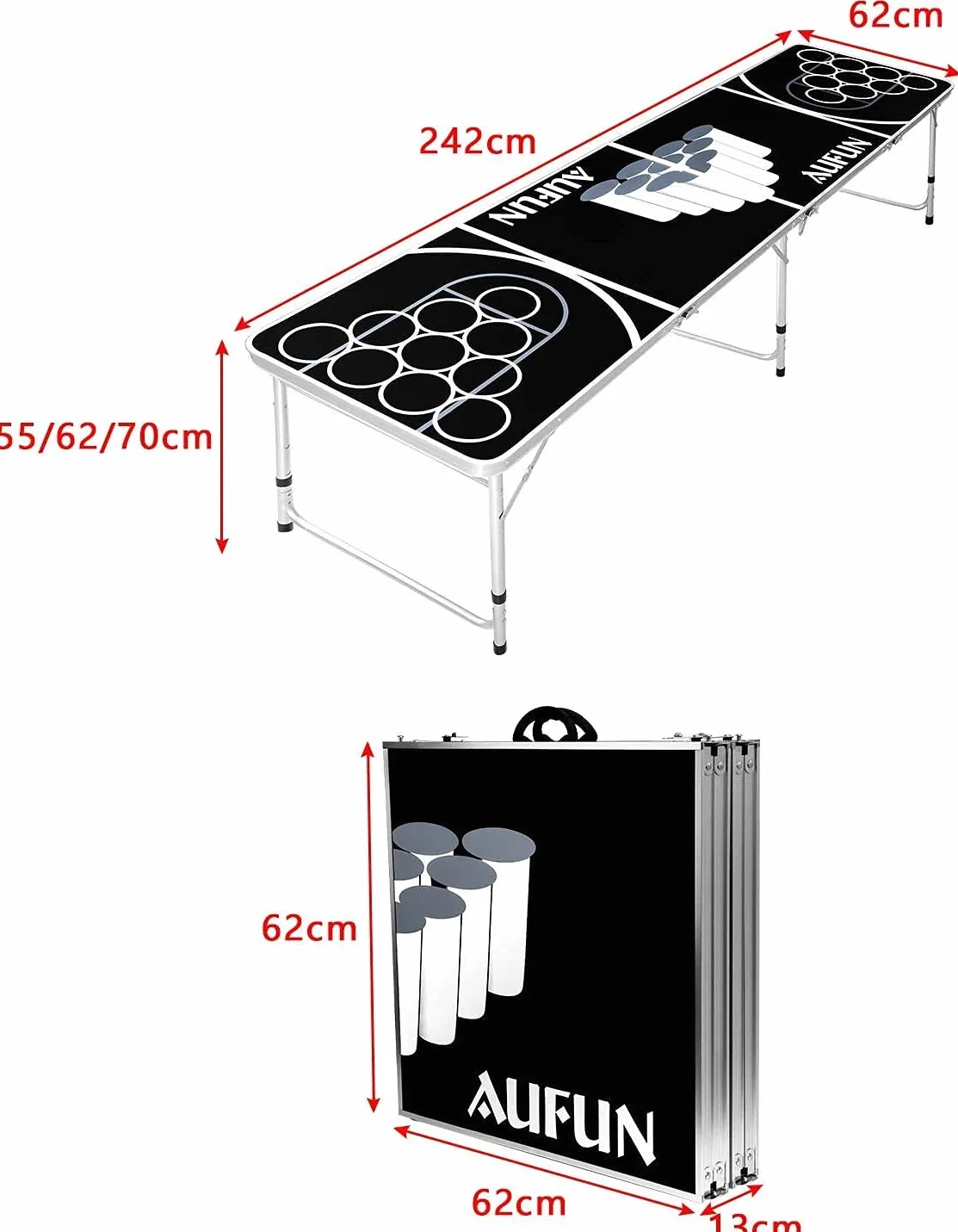NW Beer Pong składany stół wraz z 100 kubkami (50 czerwonych i 50 niebieskich), 5 piłek, stół do ponga piwnego z regulacją wysokości, do gier imprezowych, gier do picia