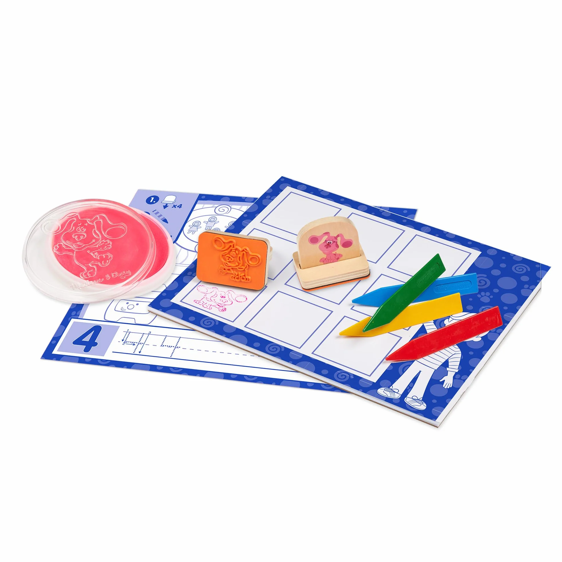 Melissa & Doug Blue's Clues & You! Zestaw pieczątek z drewnianą rączką i zeszyt ćwiczeń (15 elementów)
