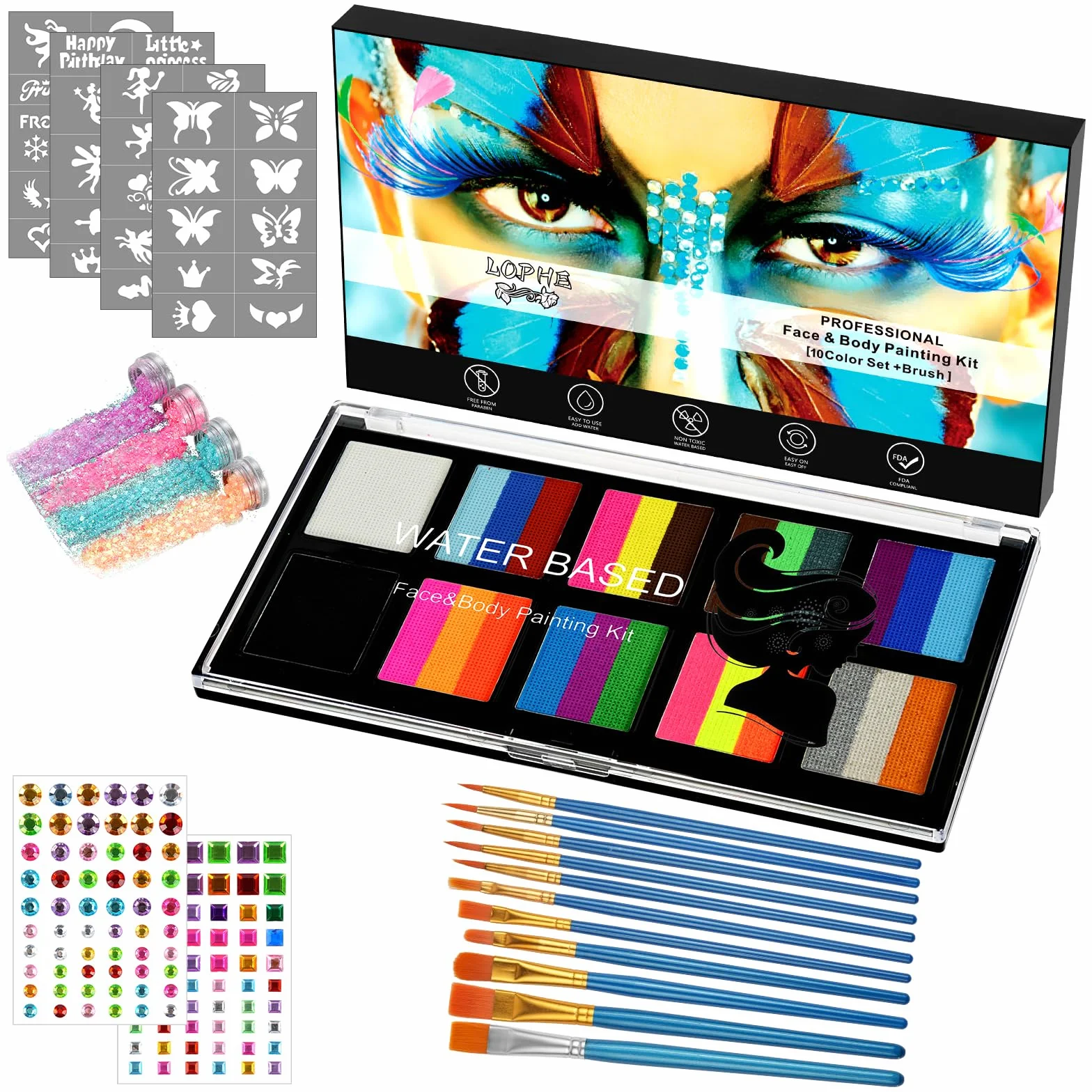 LOPHE Zestaw do malowania twarzy, 26 kolorów, tęczowa farba do ciała dla dzieci i dorosłych, bezpieczna i nietoksyczna paleta farb do twarzy na bazie wody, z 10 pędzlami i 3 brokatami, na Halloween