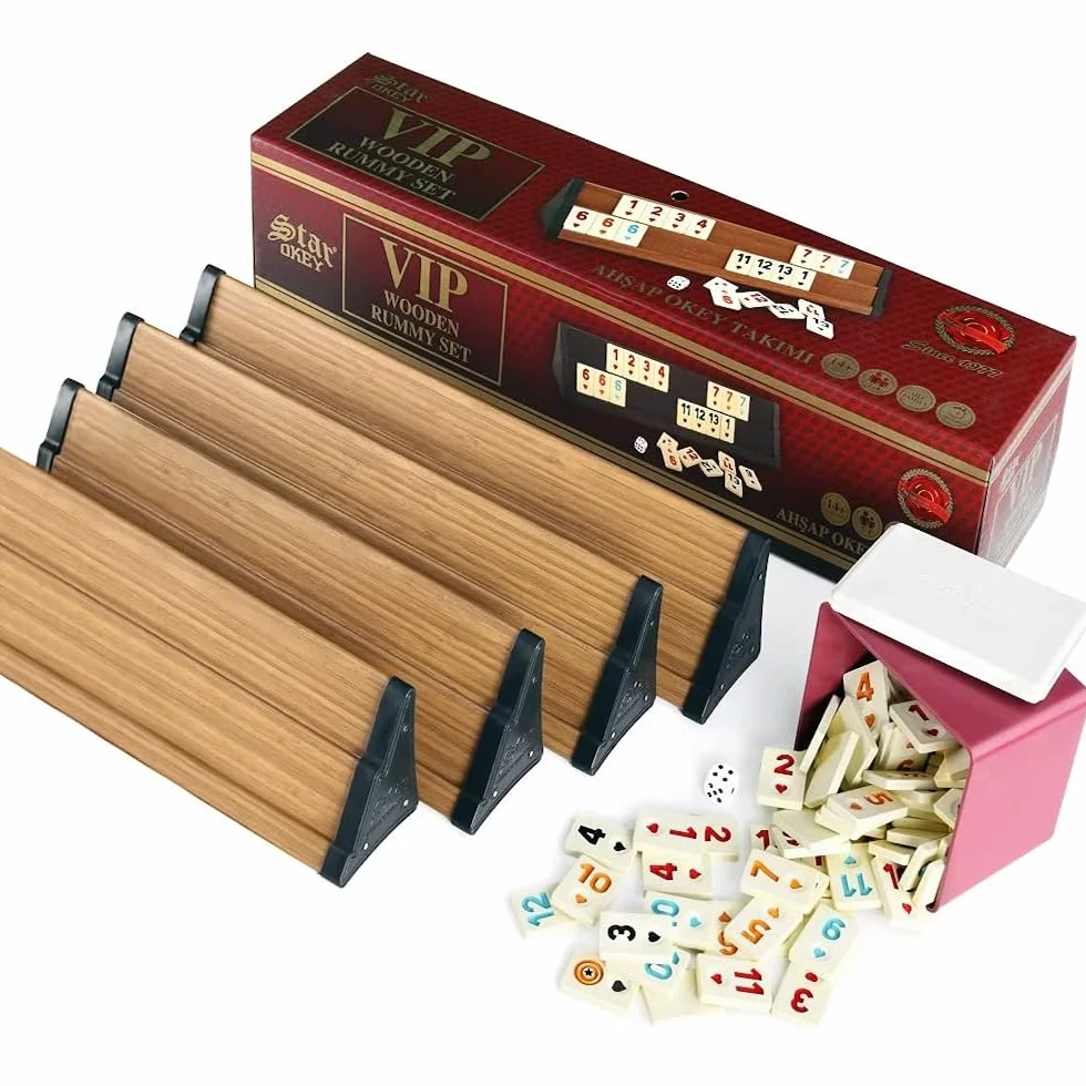 Star Oyun Aletleri Profesjonalny zestaw Rummikub VIP z drewna. Ahsap Okey Takimi, zestaw rummy z kamieniami melaminy, drewno (jasnobrązowy)