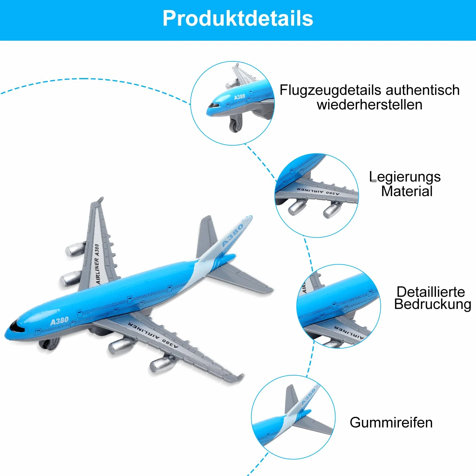 Airbus A380 zabawka do samolotu – mini metalowy model samolotu z funkcją wyciągania dla dzieci od 3 lat, plandeka powietrzna dla dzieci, idealna jako zabawka na lotnisku i prezent (długość 14 cm