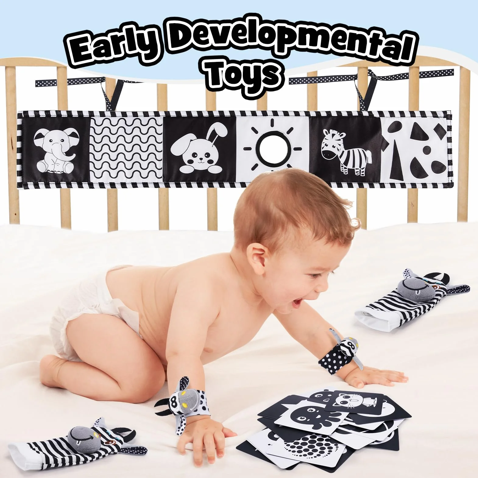 HappyKidsClub Kontrastowa książka dla niemowląt Czarno-biała zabawka, kontrastowe karty Zabawka dla niemowląt 0-12 miesięcy Grzechotka Skarpetki Dziecko 0-6 miesięcy