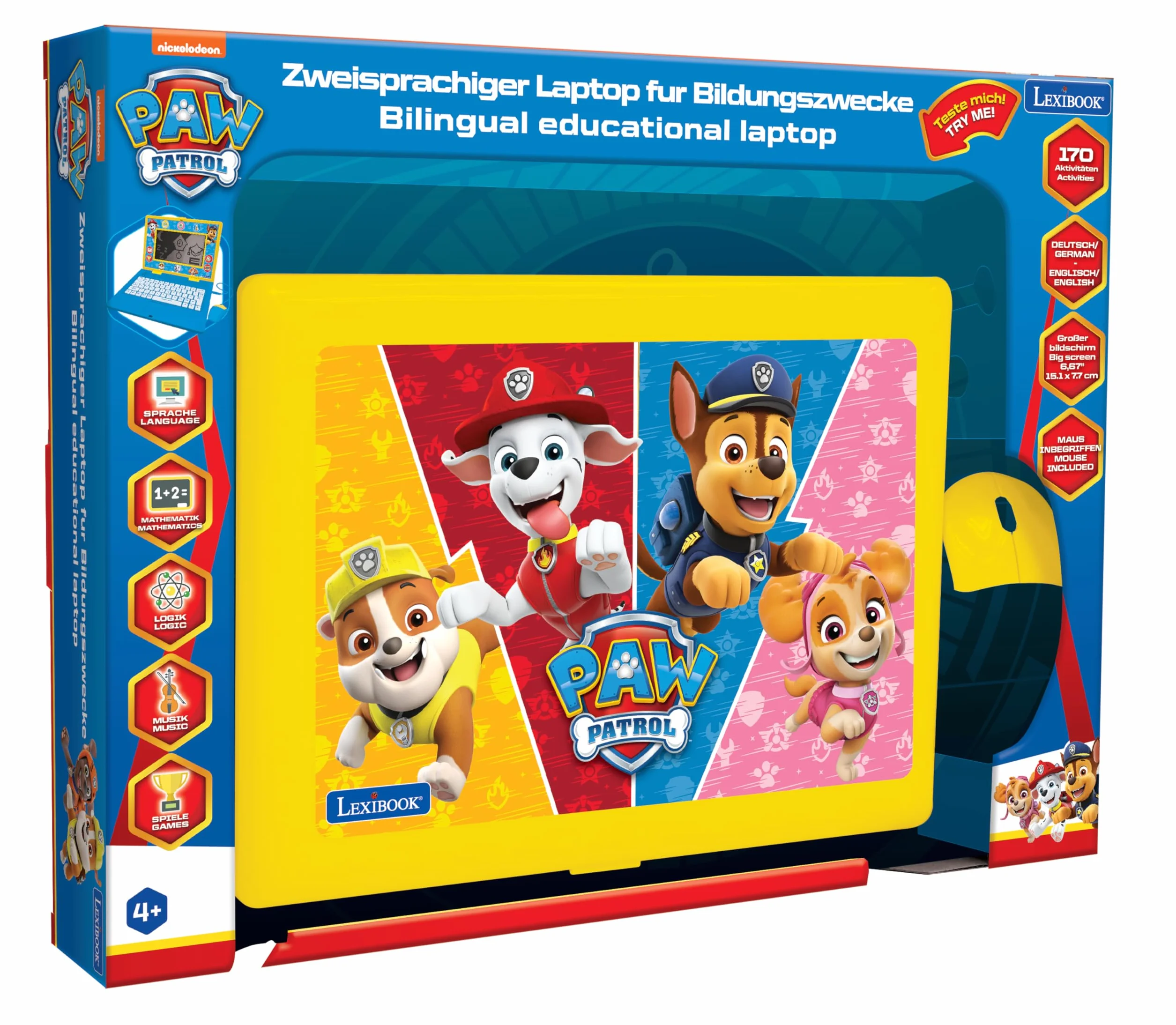 Lexibook, Psi Patrol, Dwujęzyczny i Edukacyjny Laptop w Języku Niemieckim, Angielskim, Zabawka dla Dzieci, 170 Aktywności do Nauki, Gier i Muzyki, Duży Ekran, Niebieski, Żółty, JC599PAi3