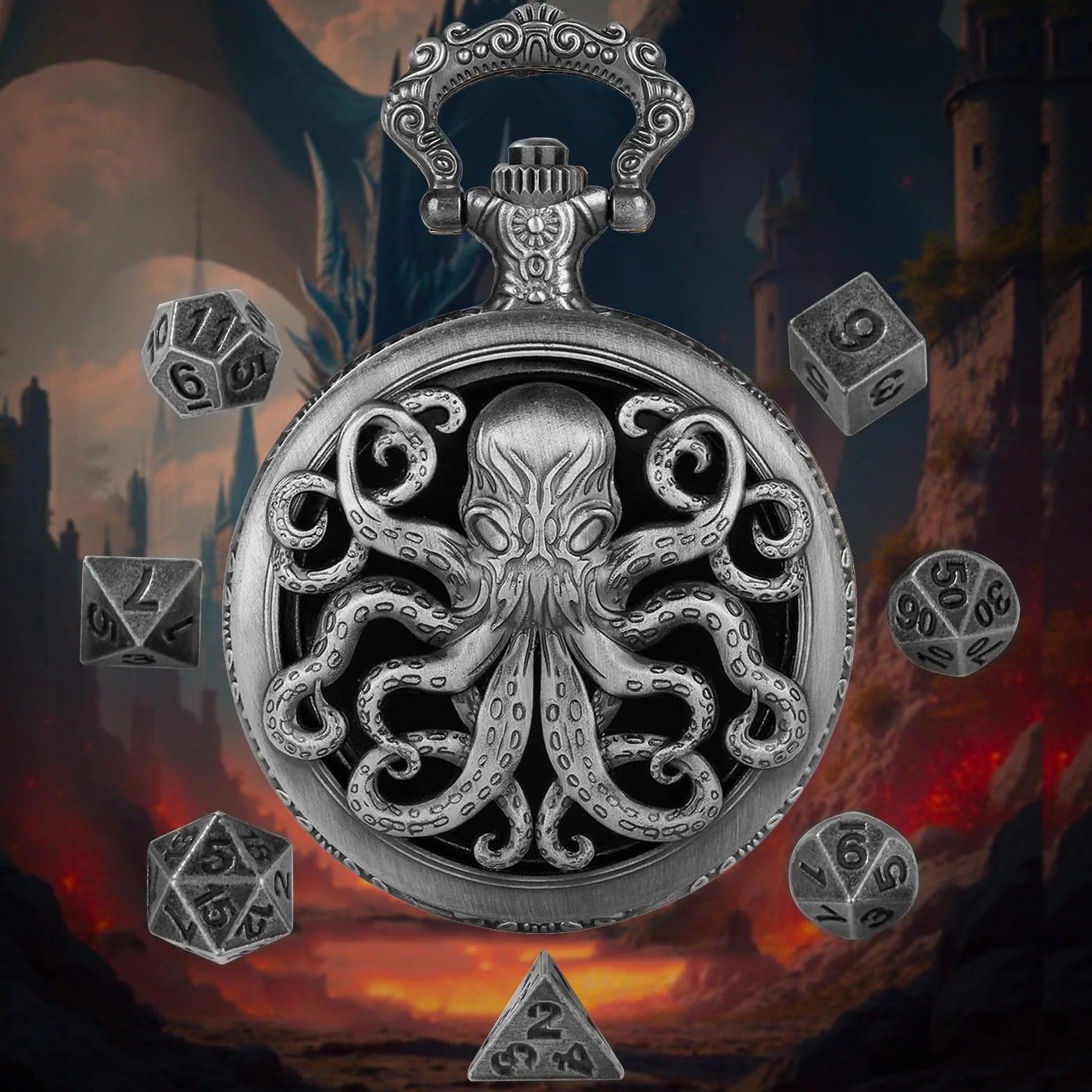 Mini gra w kości DND, DND gra w kości z wydrążonym Steampunk Ośmiornica Kieszonkowy zegarek