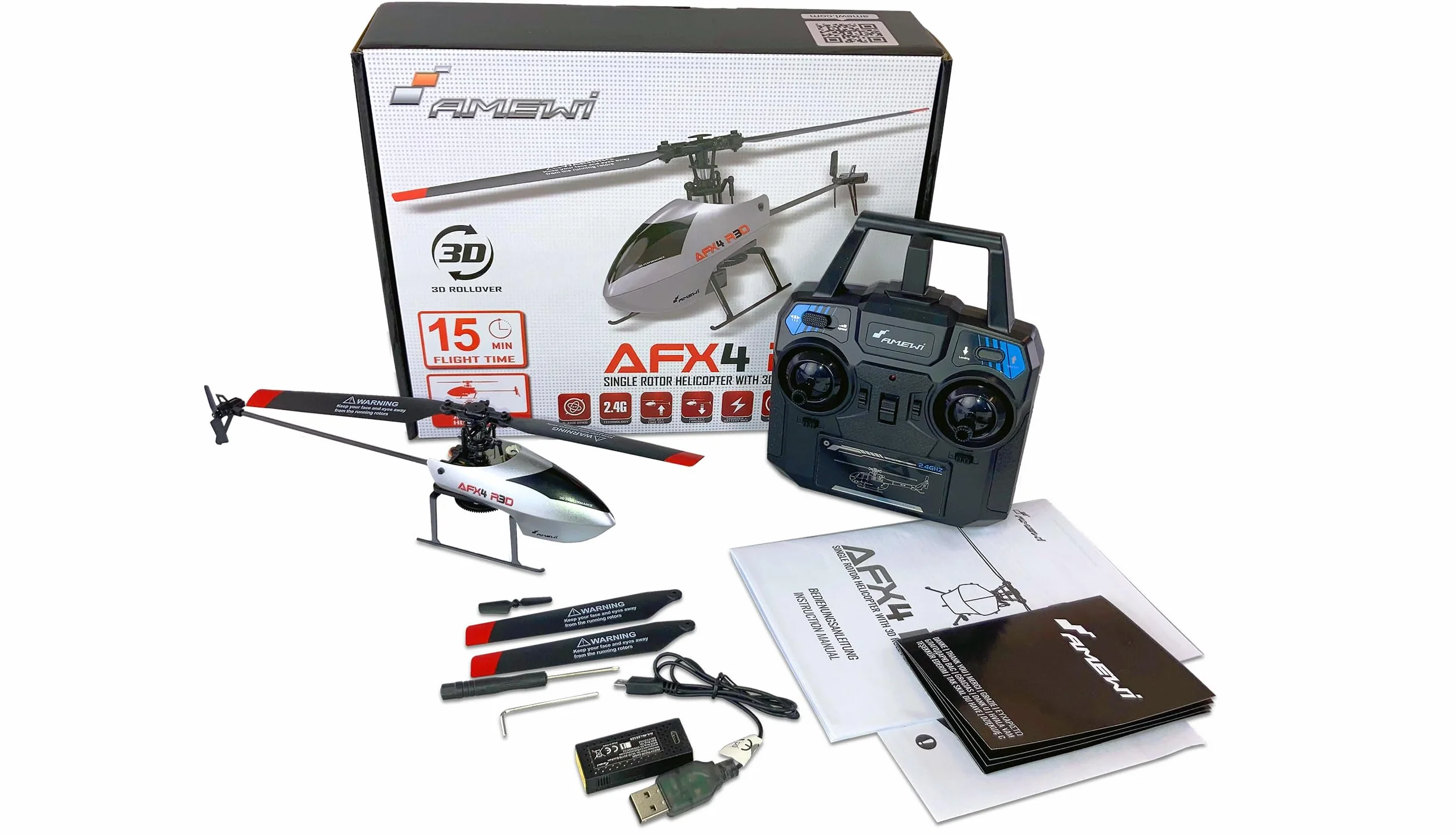 Amewi 25329 AFX4 R3D helikopter z pojedynczym rotorem, 4-kanałowy 6G, w zestawie funkcja toczenia 3D, automatyczne uruchamianie i automatyzacja RTF