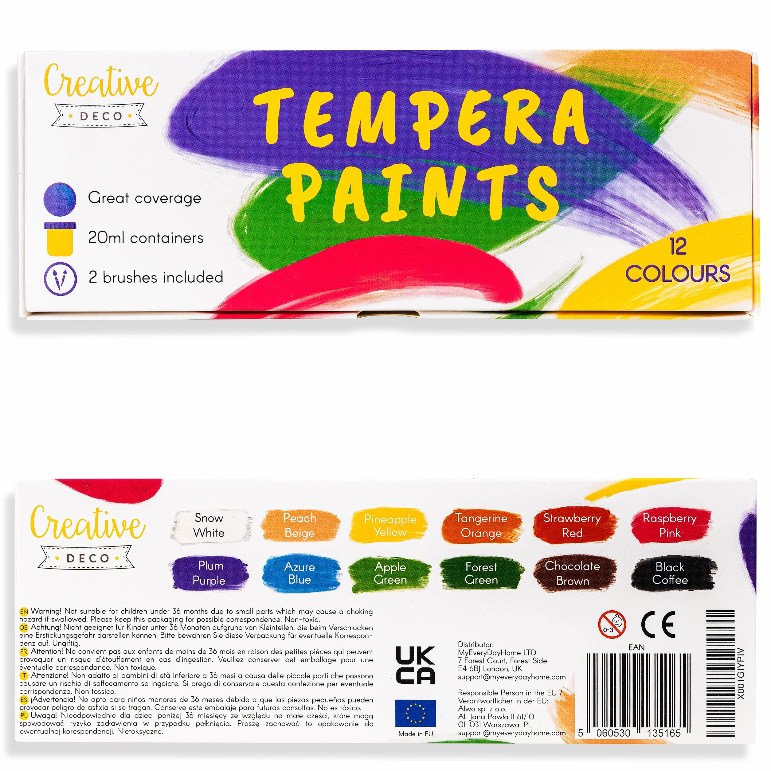 Creative Deco Tempery Zestaw Farb Plakatowych | 20 ml x 12 Kolorów | Zmywalne Farby dla Dzieci | Podstawowe Intensywne Nasycone Kolory | Bezpieczne i Nietoksyczne | Dobre Krycie i Matowe Wykończenie
