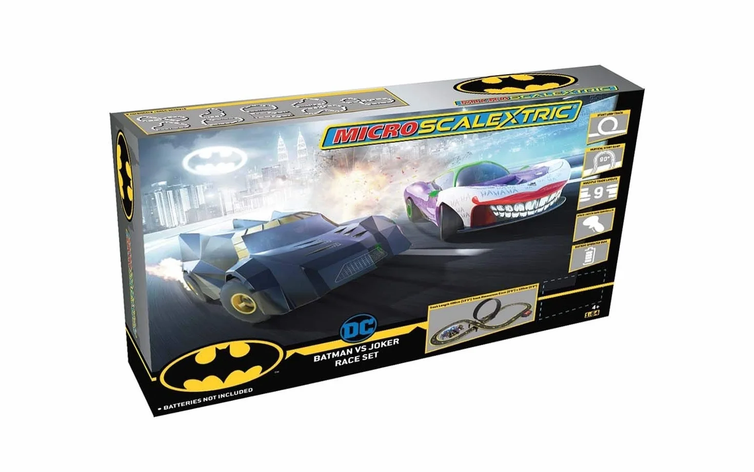 Micro Scalextric Zestawy torów wyścigowych dla dzieci w wieku od 4 lat - Batman vs Joker Track Builder, zestaw konstrukcyjny, tor samochodowy zasilany bateriami, samochody slotowe, pojazdy do zabawy