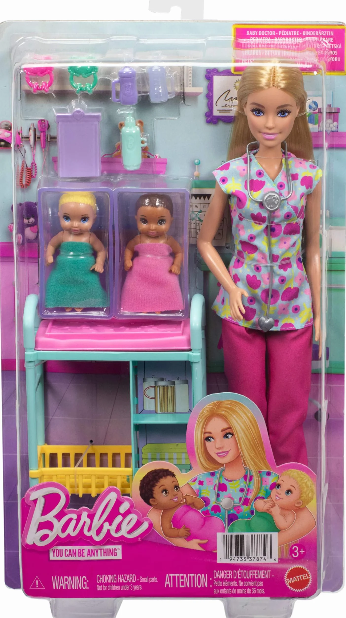 Barbie Kariera Pediatra Zestaw, lalka blondynka ubrana w strój lekarski, 2 lalki bobasy, stół do badań i akcesoria, zabawka dla dzieci 3+, JMK12