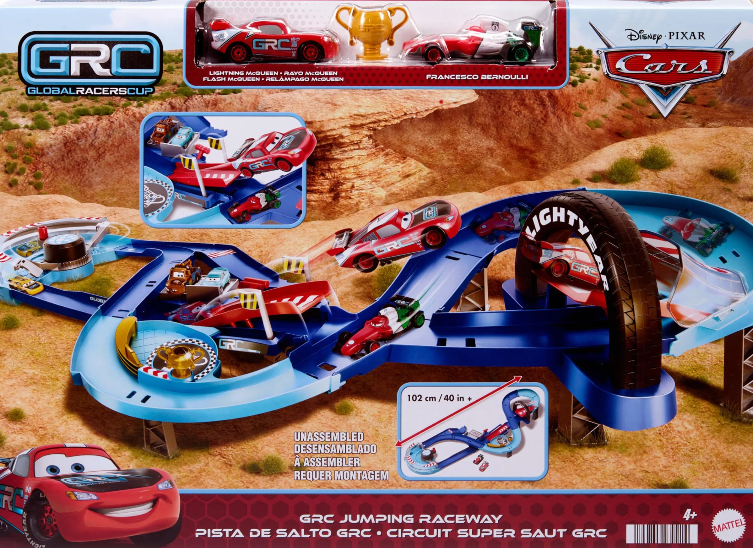 Mattel Disney Pixar Cars Auta GRC Tor Wyścigowy skok Zestaw do zabawy z przyspieszaczem i 2 autami zabawkami: Zygzakiem McQueenem i Francesco Paltegumi, HXJ32