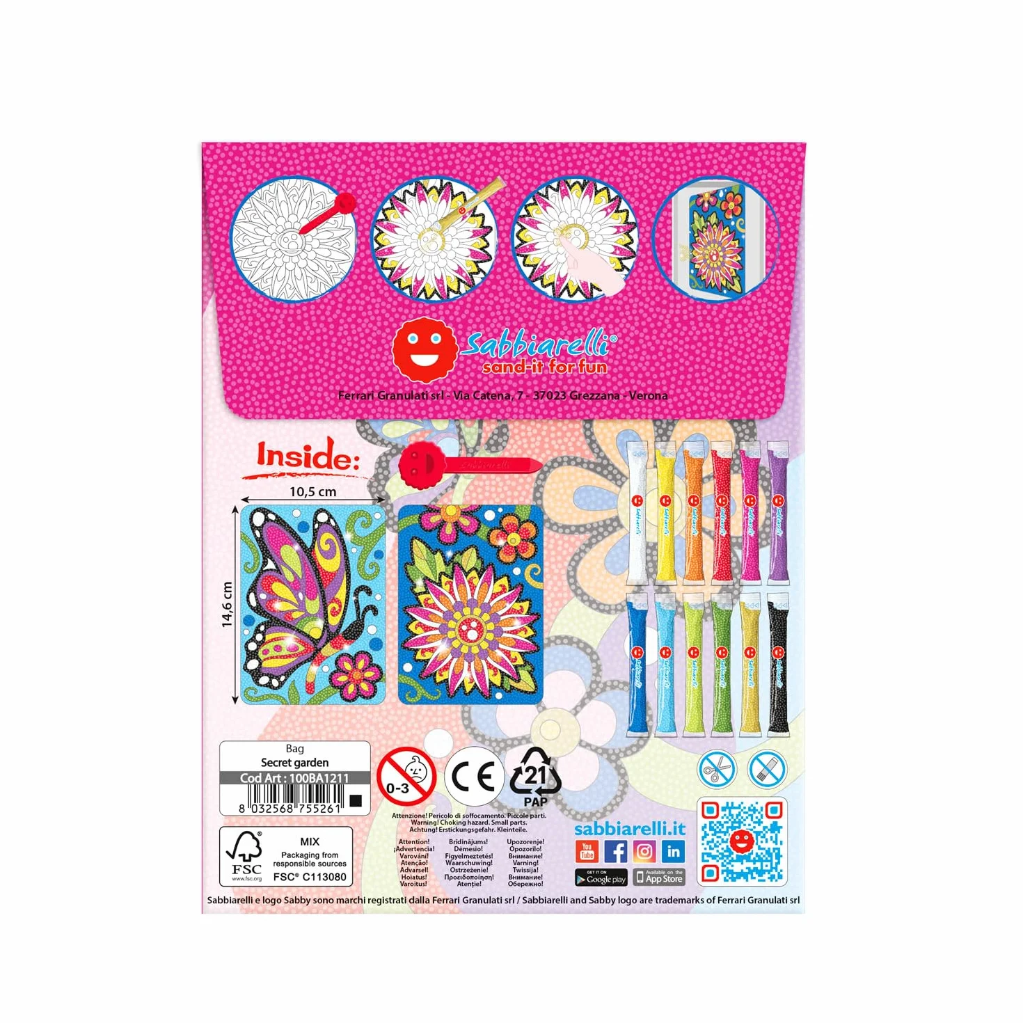 Sabbiarelli Sand-it For Fun Bag Secret Garden Mini Kit Sand Art z Kwiatem i Motylem 100% Made in Italy Kolorowy Piasek Rysunki Samoprzylepne Hobby 10+