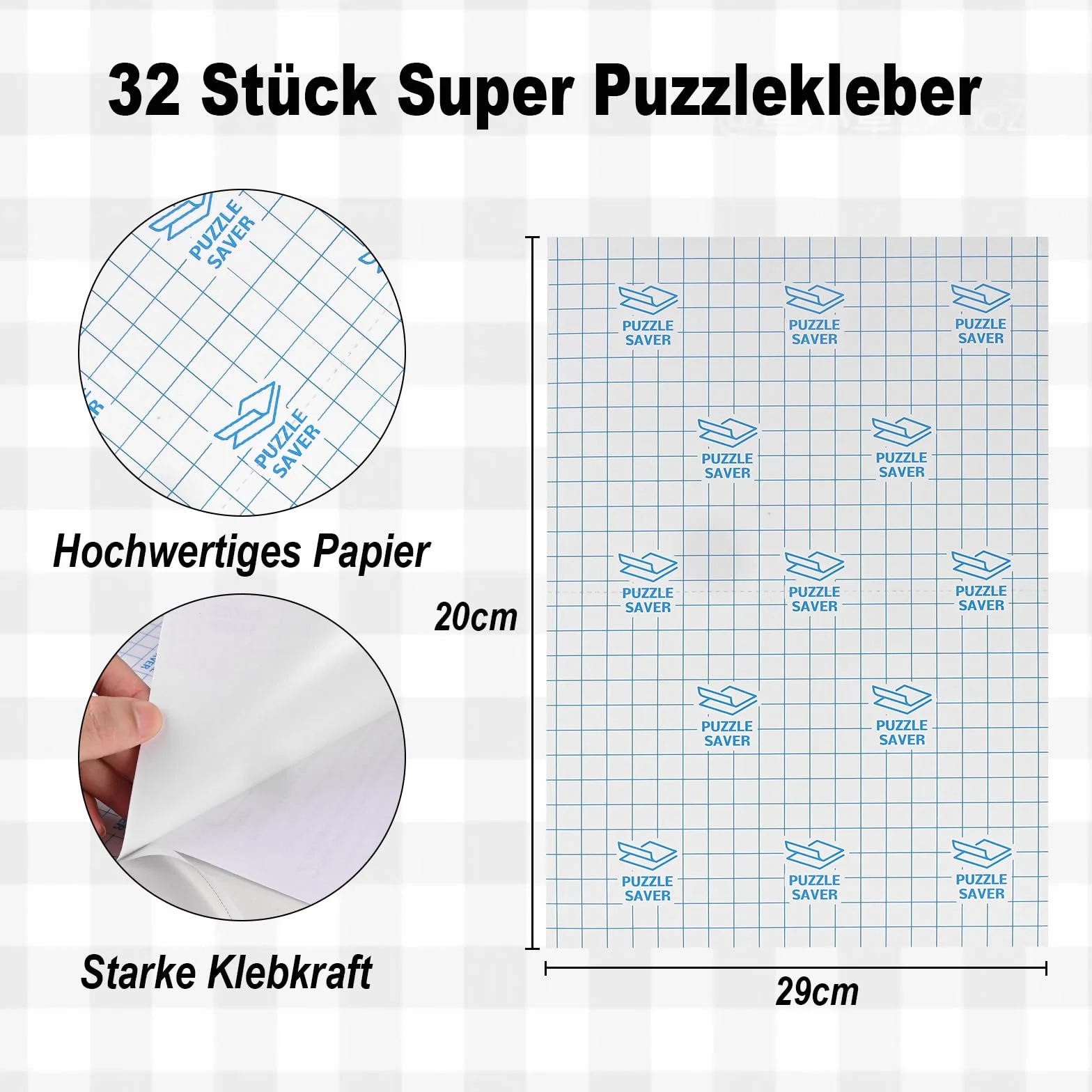Faburo Puzzle folia samoprzylepna, 32 sztuki, super klej do puzzli, 4 x 1000 elementów / 8 x 500 części, 20 x 29 cm, folia samoprzylepna przezroczysta dla dzieci i dorosłych, do puzzli, przezroczysta