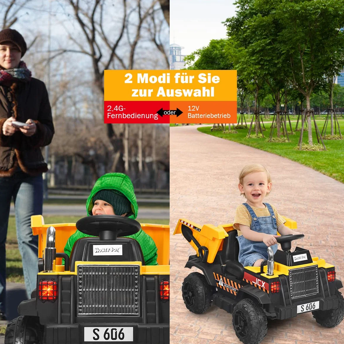 COSTWAY Traktor dziecięcy 12 V z elektryczną tylną szuflą, 3-biegowy traktor z pilotem zdalnego sterowania 2,4 G, oświetleniem, muzyką i radiem, traktor elektryczny 3-5 km/h dla dzieci w wieku 3-8 lat
