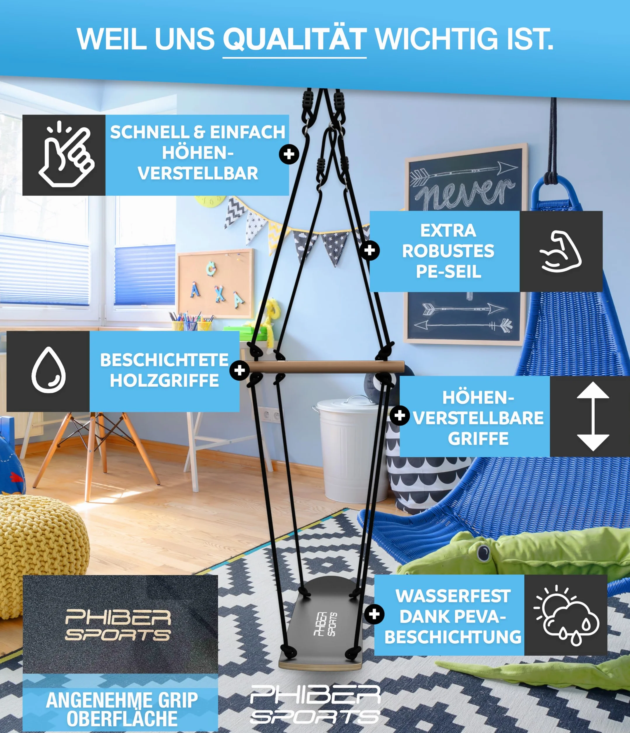 PHIBER-SPORTS Huśtawka deskorolkowa dla dzieci, trwała, odporna na warunki atmosferyczne, antypoślizgowa, stojąca i siedząca, drewniana, huśtawka statkowa, podwójna huśtawka