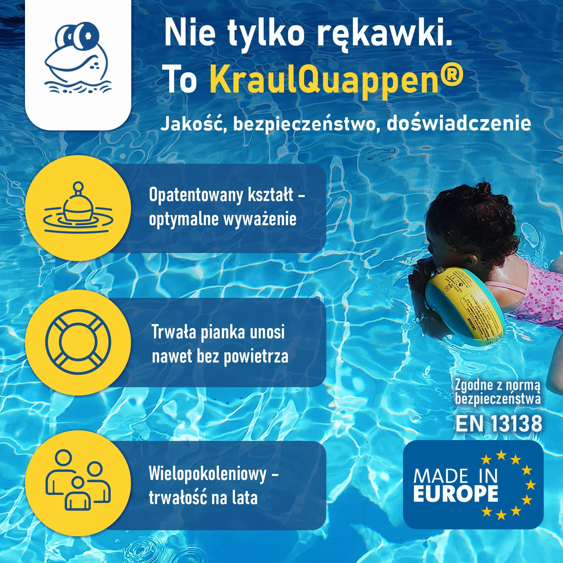 Cherek’s KraulQuappen Rękawki do nauki pływania dla niemowląt i dzieci od 7 miesięcy do 30 kg – rękawki wypornościowe z rdzeniem piankowym – pomoc do nauki pływania żółto-zielone