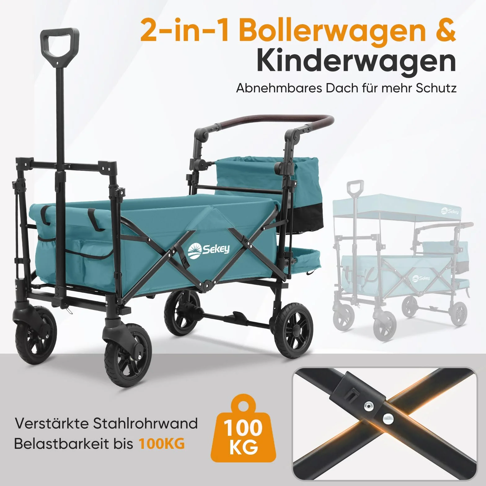 Sekey Wózek składany z dachem, dla 2 dzieci, 150 kg, wózek ręczny, uchwyt przesuwny, odporny na uderzenia, koła PU z hamulcami 110 l, SS5050, ciemnozielony