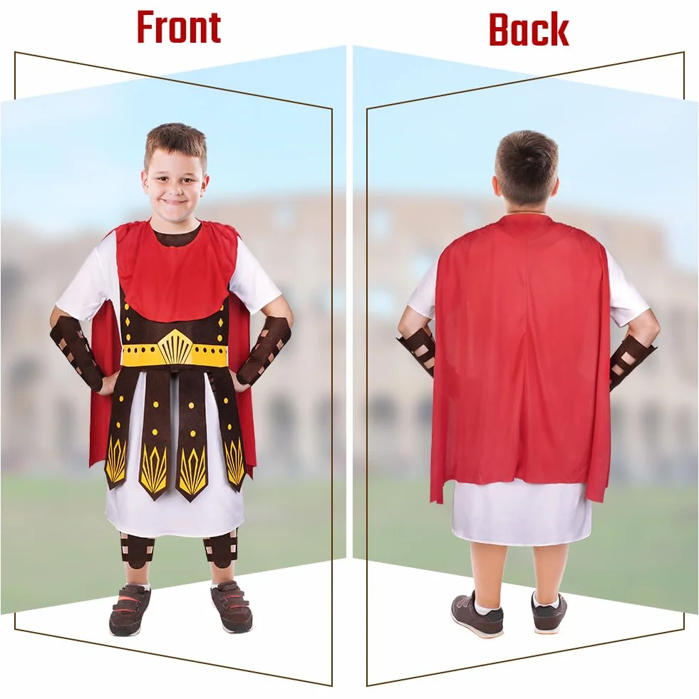 Kostium gladiatora dla dzieci z tunetem, ochrona ramion i nóg, 5-częściowy kostium gladiatora z mieczem samurajskim, odpowiedni na karnawał, Halloween, imprezę tematyczną