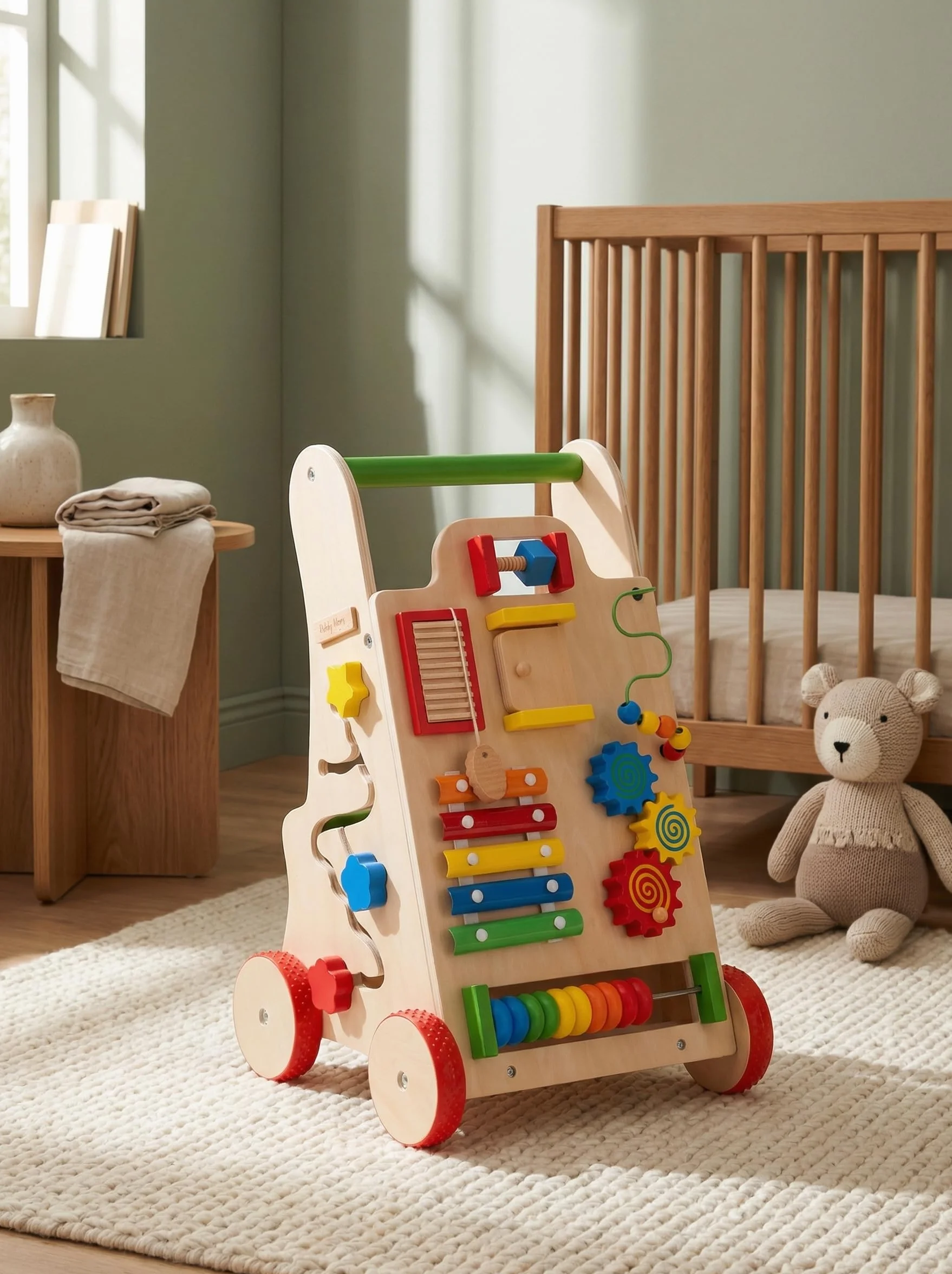 KiddyMoon Drewniany chodzik interaktywna zabawka edukacyjna dla dzieci wielofunkcyjna zabawka do pchania dla niemowląt Montessori Walker dla dzieci model WK-002, wielokolorowa