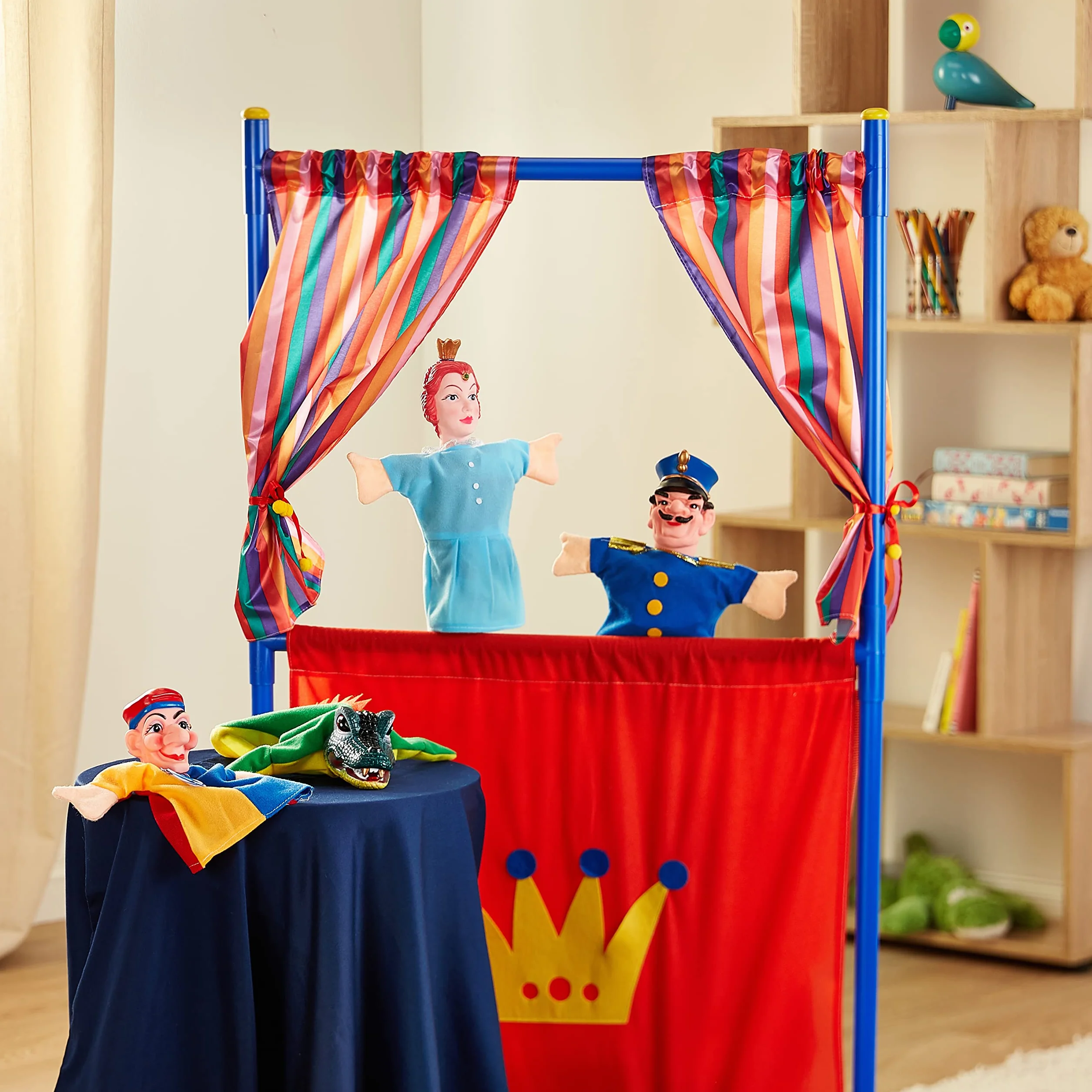 Simba 104586783 - teatr lalek, 4 pacynki, plastikowa rama, kasperl, księżniczka, krokodyl, policjant, 5 części, głowa 10 cm, 132 cm, od 5 lat
