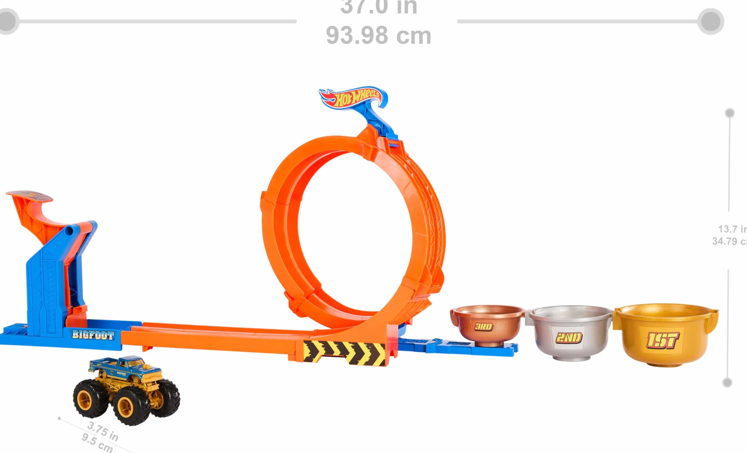 Hot Wheels Monster Trucks Bigfoot 50 rocznica Pętla Skok po trofeum Zestaw do zabawy, pętla, tor samochodowy, 1 metalowy pojazd Bigfoot w skali 1:64 na 50 rocznicę, 2 sposoby zabawy, JBX64