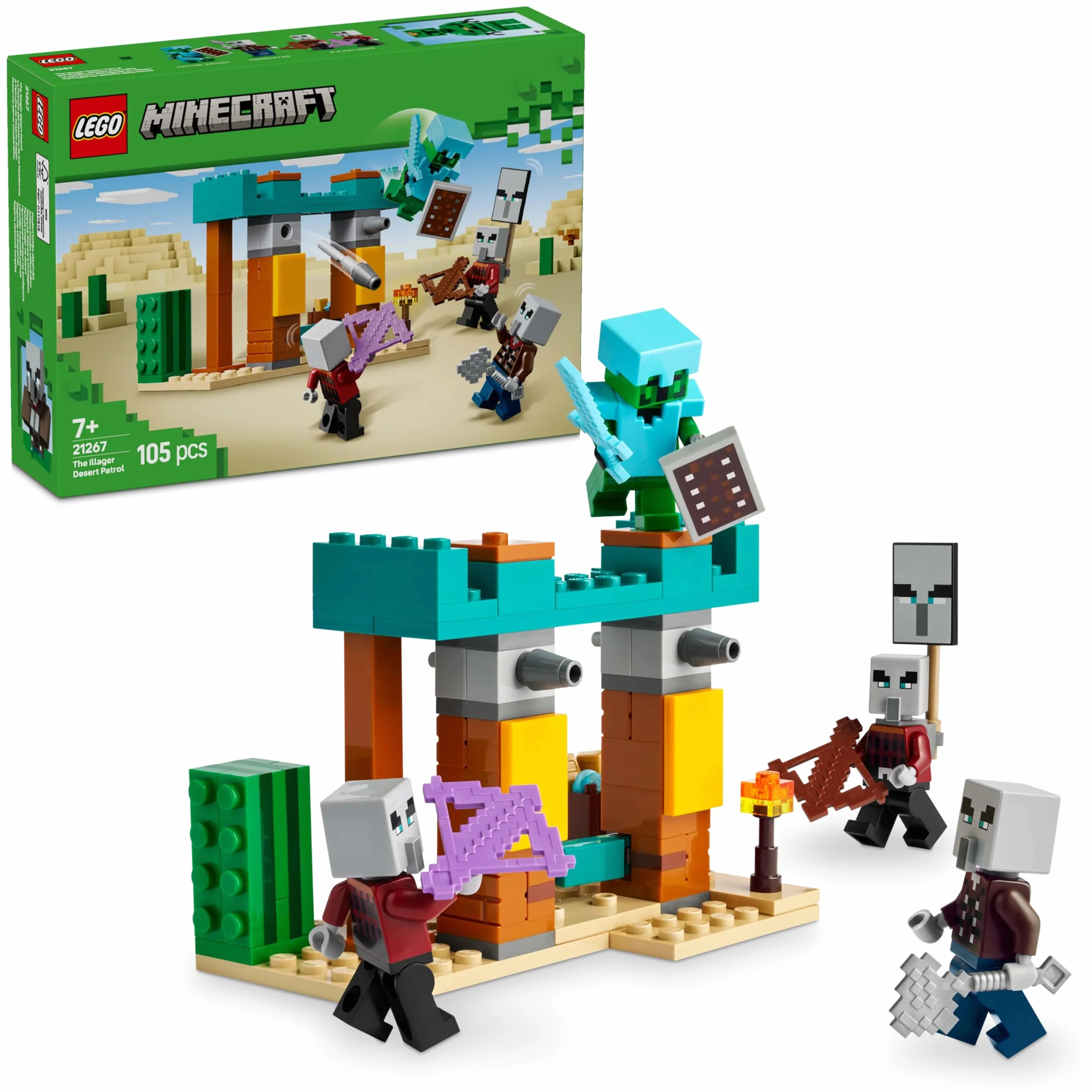 LEGO Minecraft Pustynny Patrol Złosadników, Zabawka dla Dziecka do Zbudowania, Figurki i Akcesoria, w tym Miecz i Tarcza, Kreatywny Prezent dla 7-latka, dla Chłopca i Dziewczynki, dla Fana Gry, 21267
