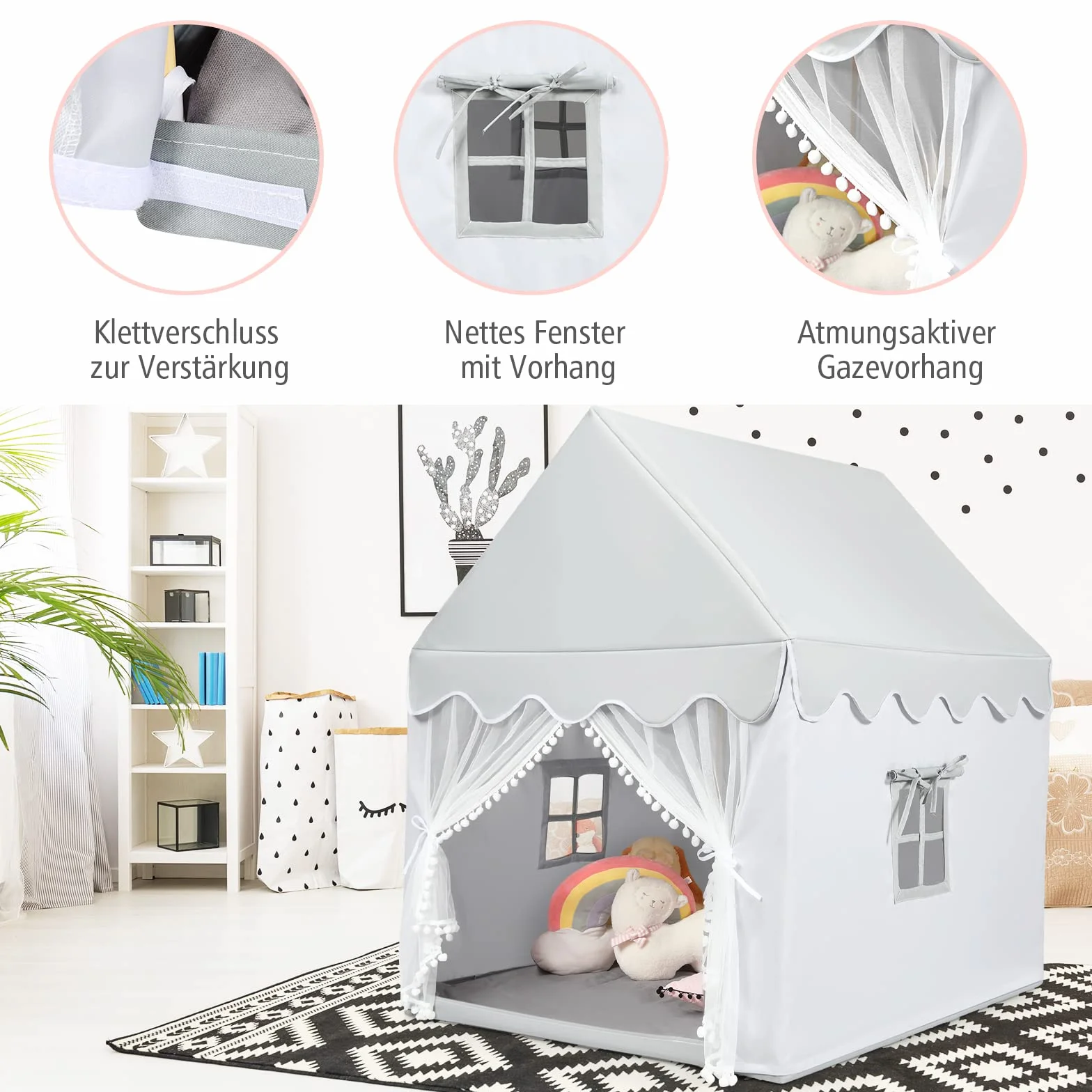 COSTWAY Namiot dziecięcy do wnętrz, domek do zabawy dla chłopców i dziewczynek, Prinzess Prinzess Princess, namiot do zabawy z ramą z litego drewna i kocem bawełnianym, domek do zabawy w