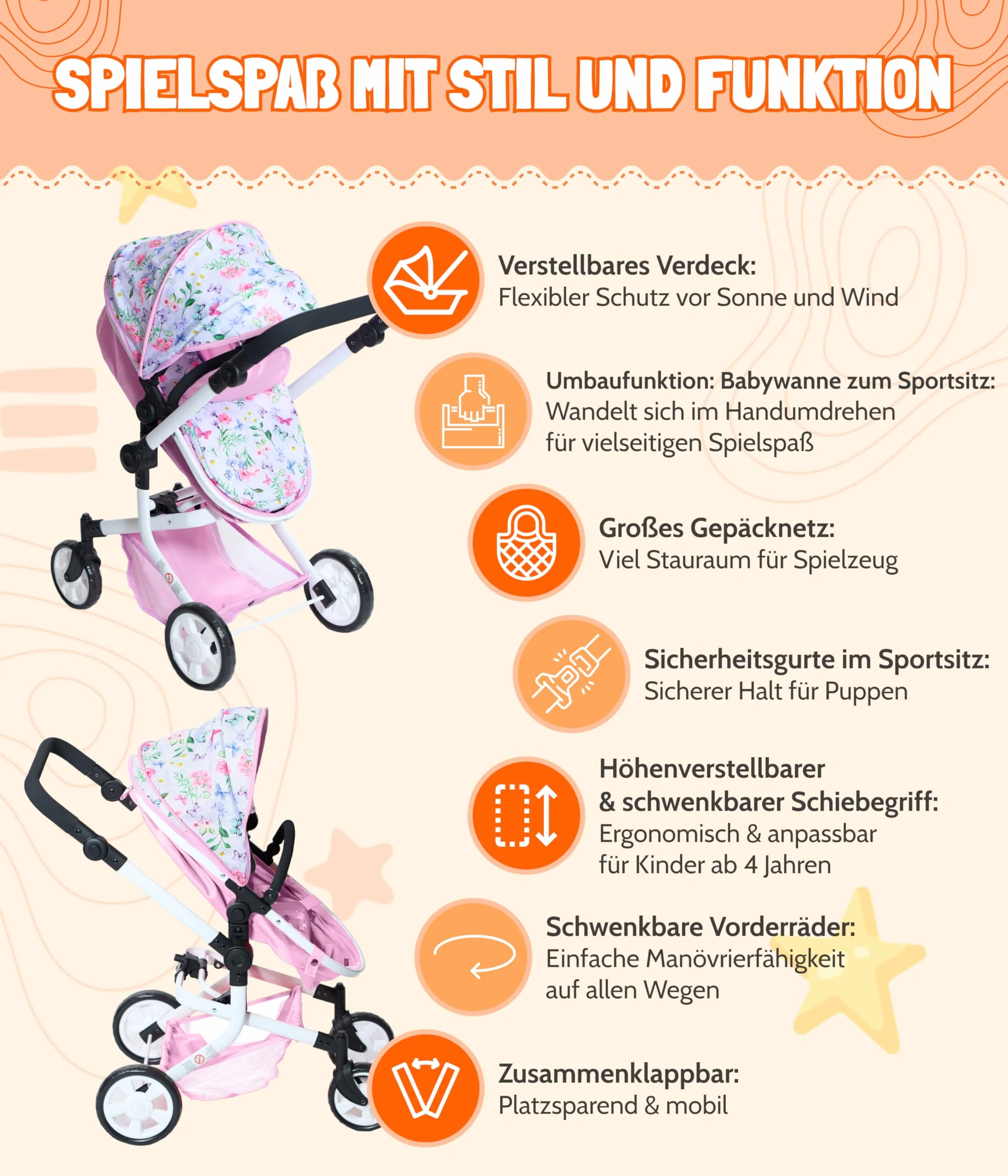 Bayer Chic 2000 Mika wózek dla lalek 2 w 1, różowy, składany, z regulacją wysokości 47-80 cm, nowoczesny stelaż, lalki do 52 cm, 4-8 J.