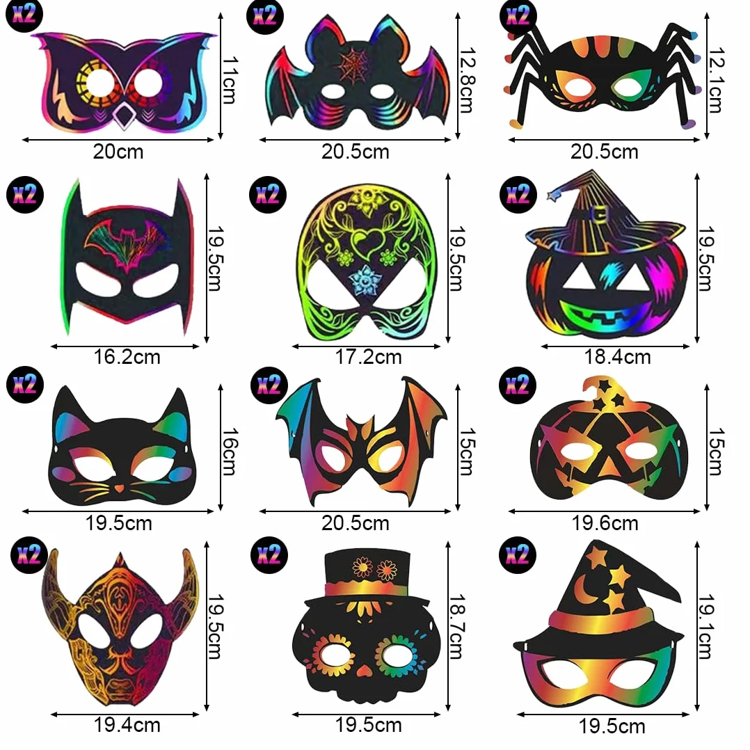 Wishstar 24 sztuki obrazków do zdrapywania na Halloween, maseczki do zdrapywania dla dzieci, maski na Halloween, zestaw do majsterkowania DIY z elastycznymi sznurkami i drewnianymi rylcami, dekoracja