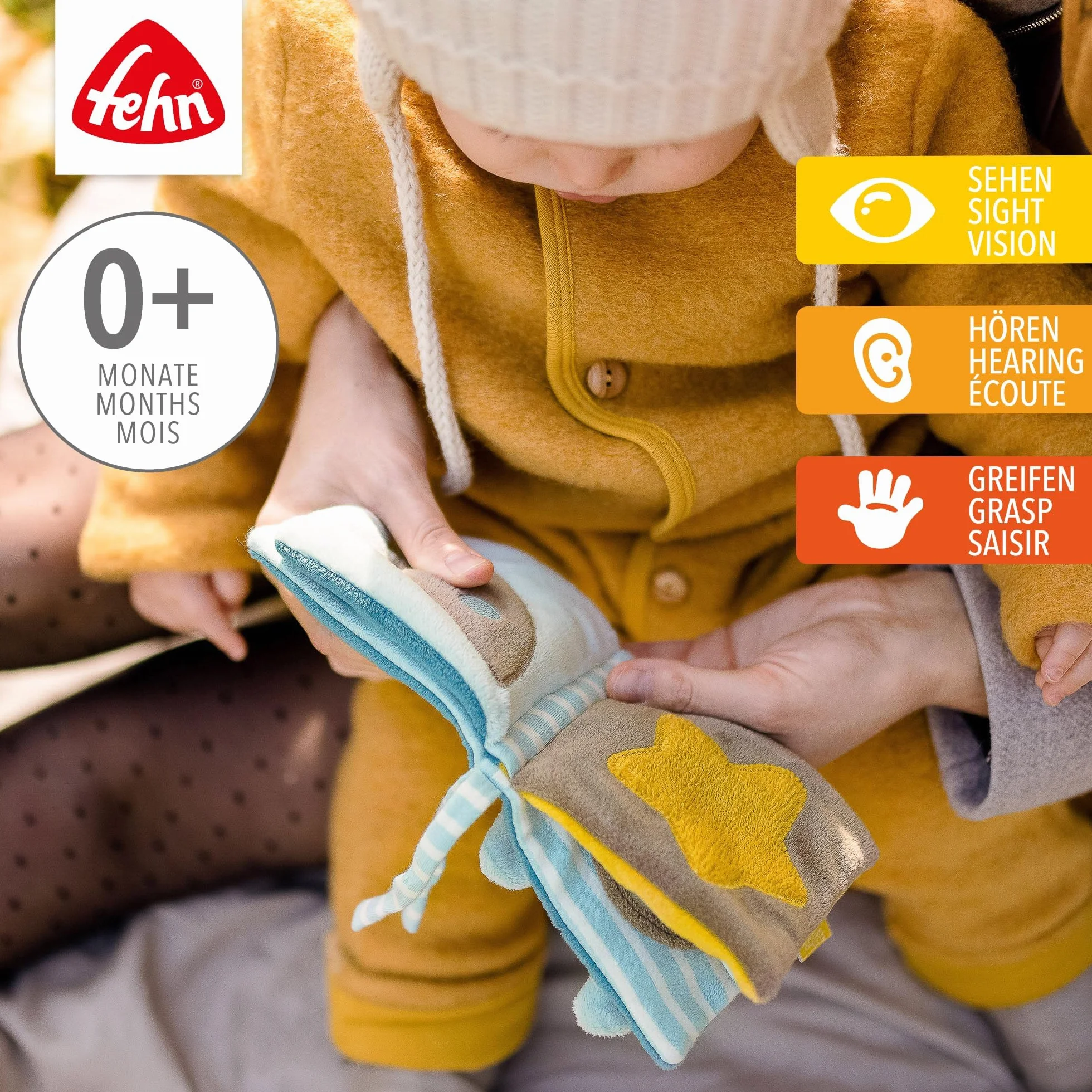 Fehn Soft-Bilderbuch Fledermaus/Fühlbuch aus Stoff mit Tier Motiven - mit Quietsche, Raschelpapier und Spiegel für Babys und Kleinkinder ab 0+ Monaten/Maße: 11x11 cm