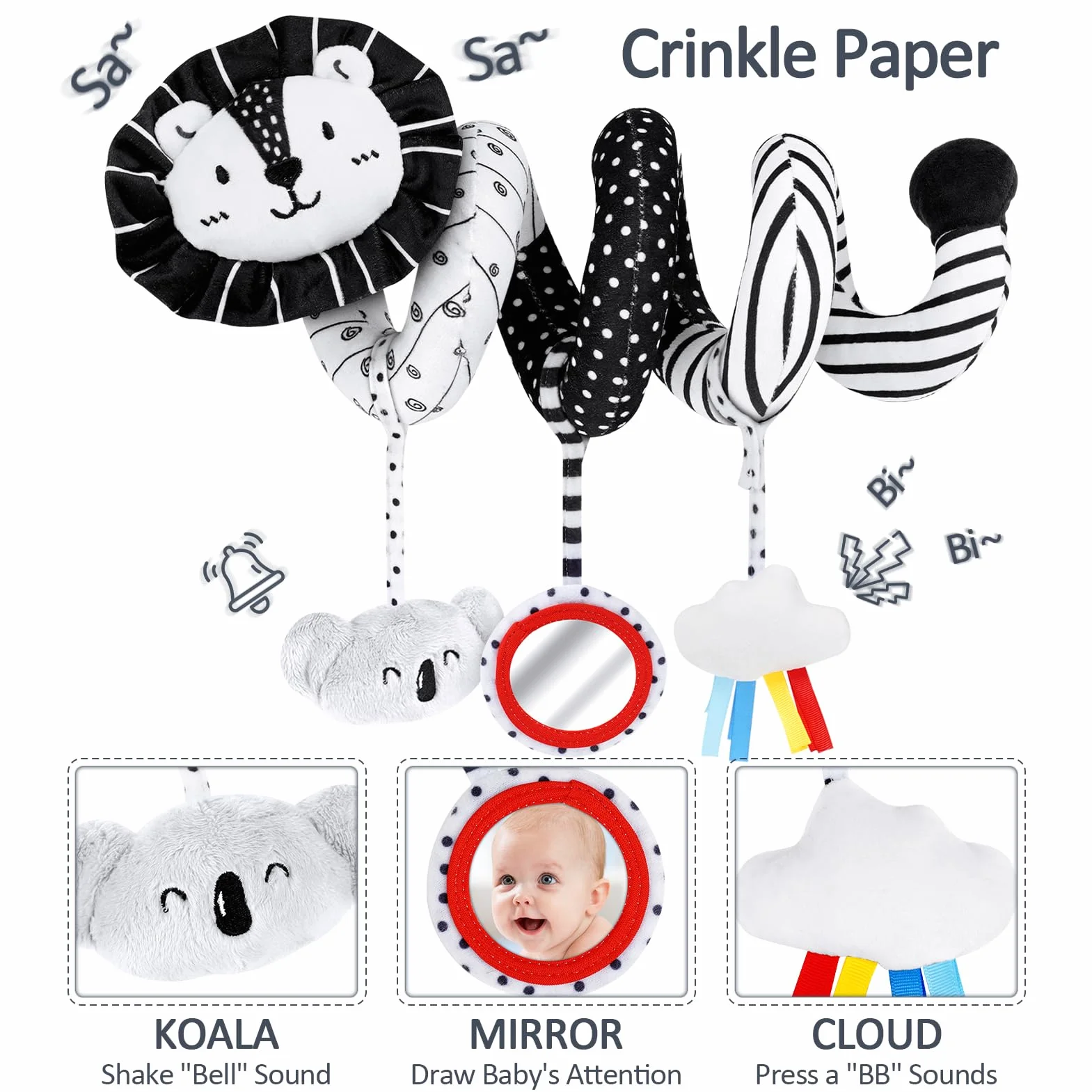 Joyreal Zabawki do wózka dziecięcego w kształcie spirali dla niemowląt - czarno-biała zabawka dla noworodka o wysokim kontraście, fotelik samochodowy, grzechotki, karty sensoryczne, książeczki dla