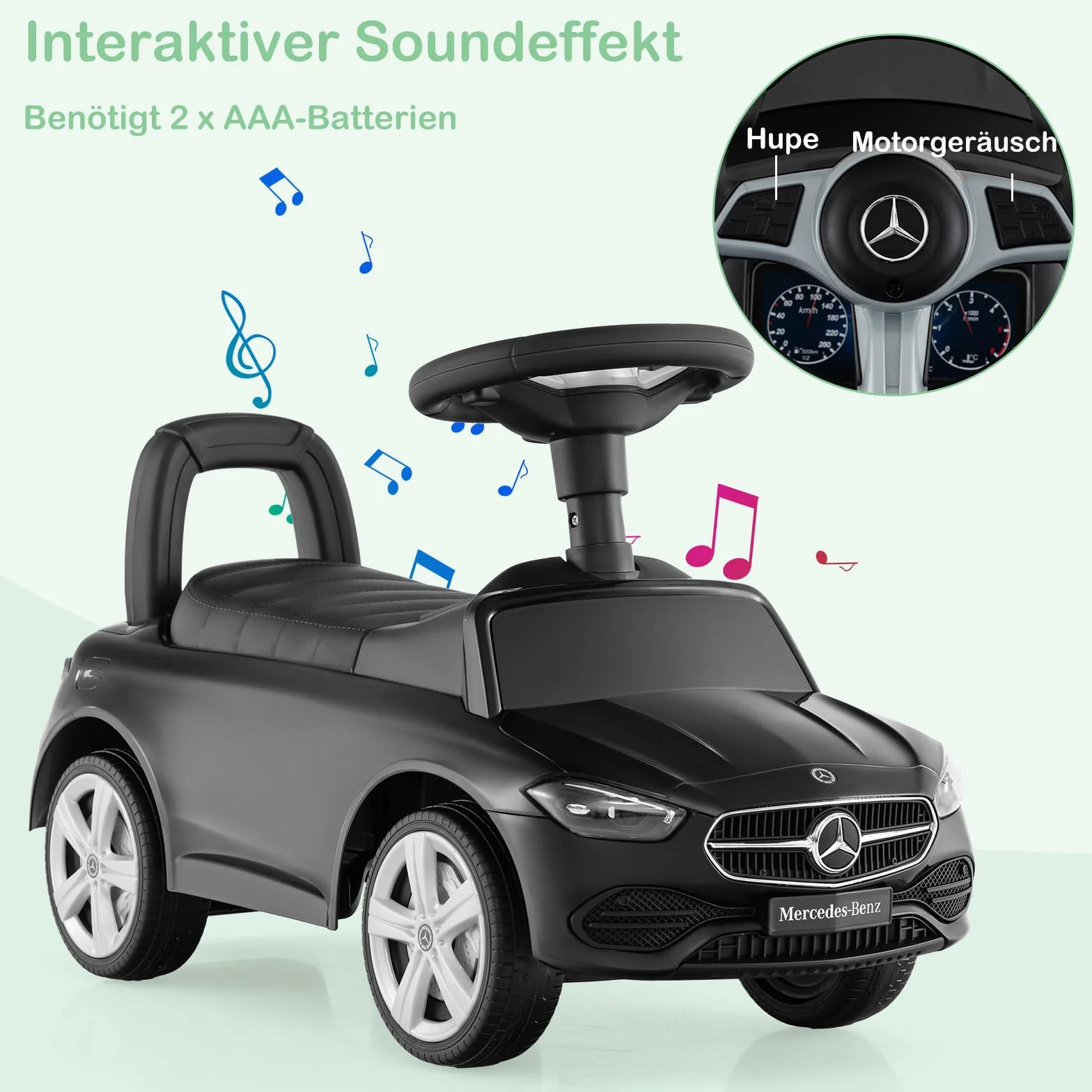 COSTWAY Mercedes-Benz jeździk, pojazd do jazdy z miejscem do przechowywania pod siedzeniem, samochód do pchania z klaksonem i dźwiękiem silnika, jeździk dla dzieci od 1 roku (czarny)