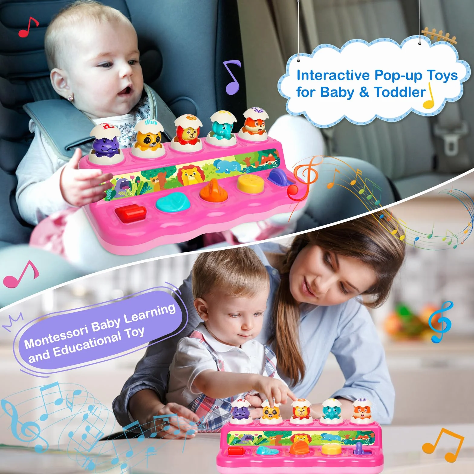 Yerloa Pop Up Baby Montessori zabawka dla dziewczynki od 1 roku życia, zabawka motoryczna, zabawka edukacyjna dla dzieci 6, 9, 12 miesięcy, zabawka muzyczna z muzyką i światłem, prezent na Wielkanoc