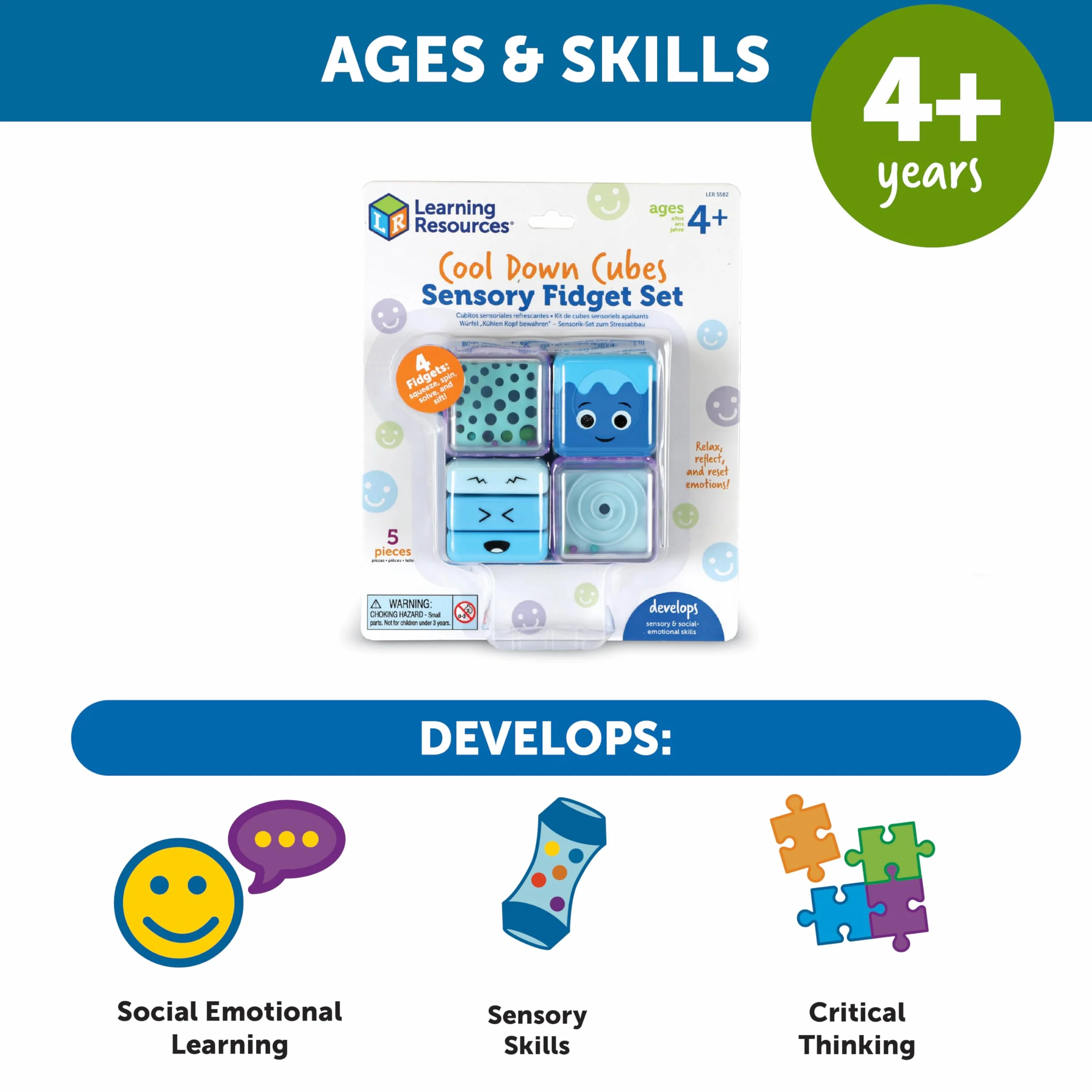 Learning Resources – 4 kostki sensoryczne do ściskania, Wiek 3+, Zabawki sensoryczne dla dzieci, 4 sposoby na rozładowanie emocji, Zabawki uspokajające, Zabawki SEL