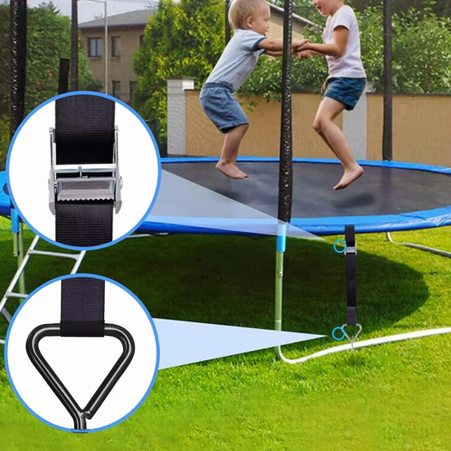 Kotwy gruntowe do trampoliny do wkręcania – bardzo bezpieczny zestaw kotew – wykonanie premium – mocowanie do gruntu kotwy burzowe – regulowany pas 2,40 m – odporne na rdzę