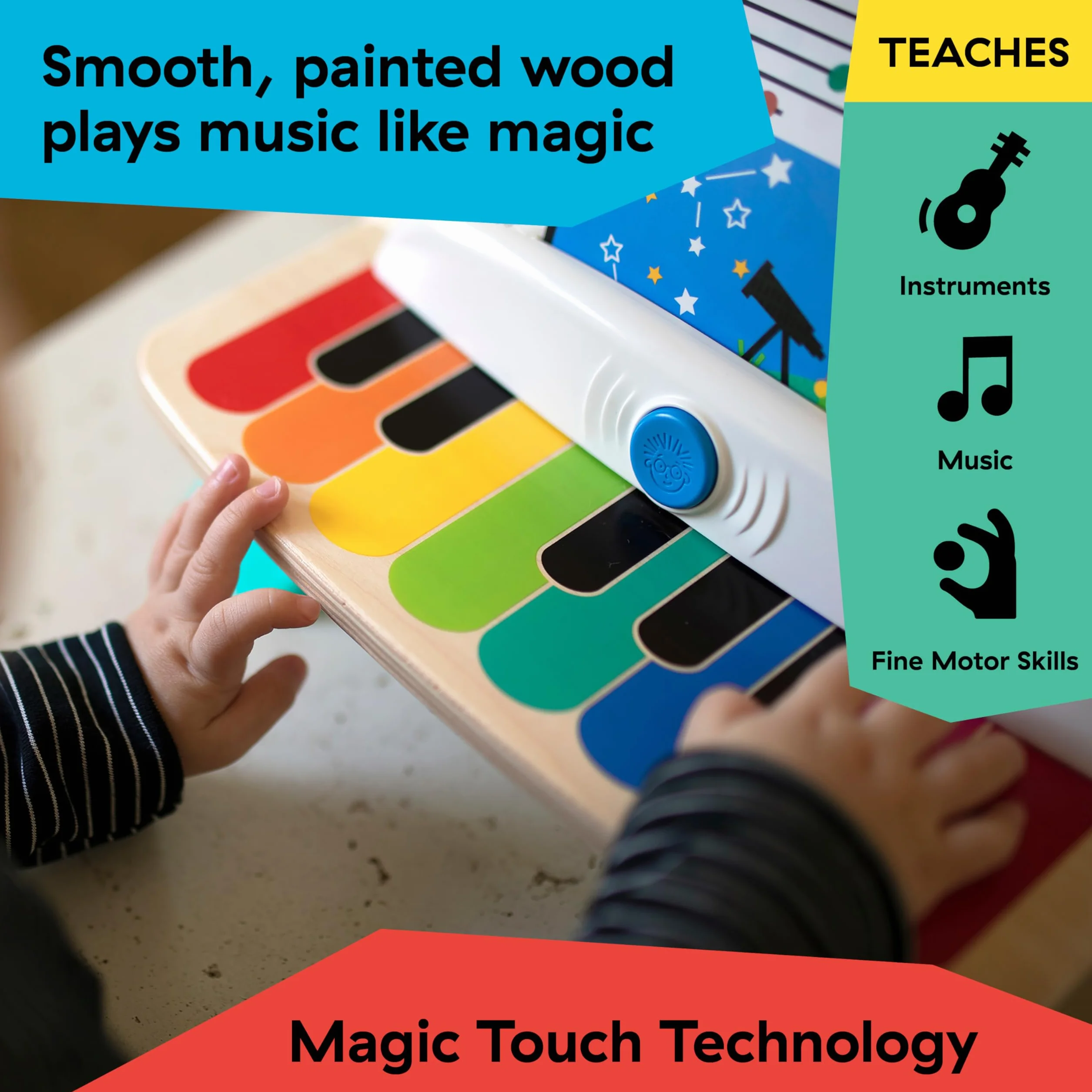Baby Einstein Hape Magic Touch Piano Wooden Musical Toy Instruments for Toddlers, 2 Play Modes, 6 Songs, Volume Control, Age 6 Months +