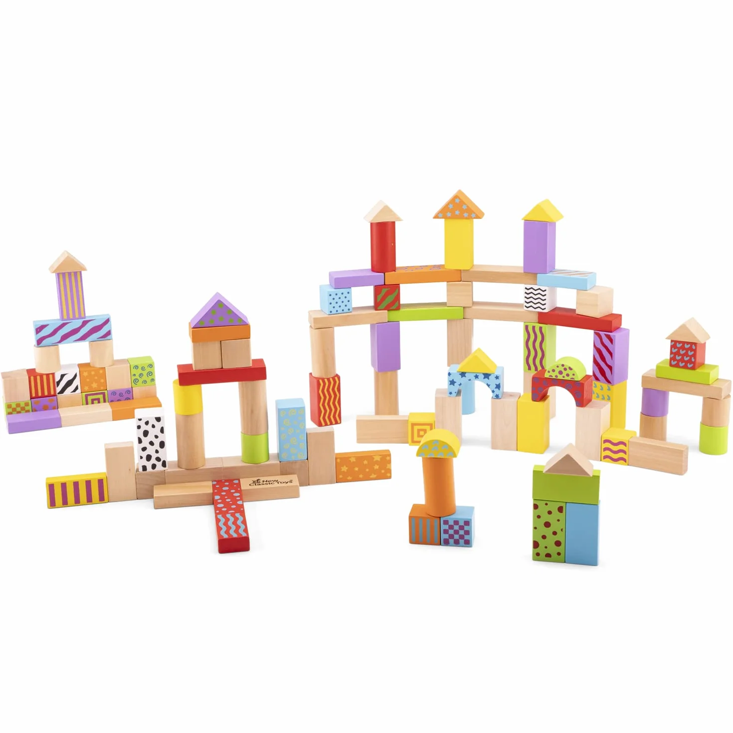 New Classic Toys 10813 drewniane klocki fantasy w bębnie edukacyjna zabawka percepcyjna dla dzieci w wieku przedszkolnym chłopcy dziewczęta 100 sztuk kolorowe