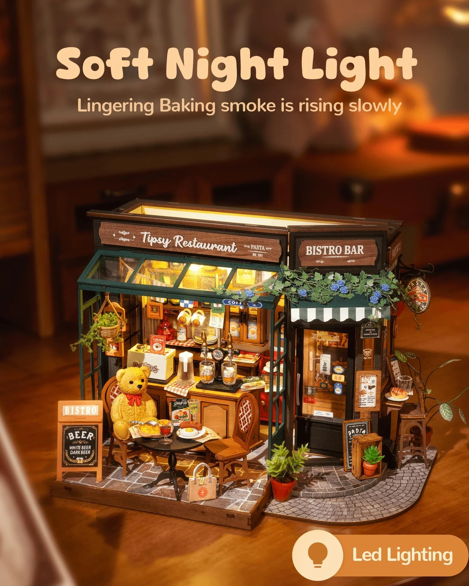 ROWOOD Zestaw domku dla lalek, Tipsy Restaurant, DIY miniaturowy dom rzemieślniczy pokój budowlany, drewniane zestawy modeli z akcesoriami dla dorosłych i nastolatków do budowania, wyjątkowy prezent