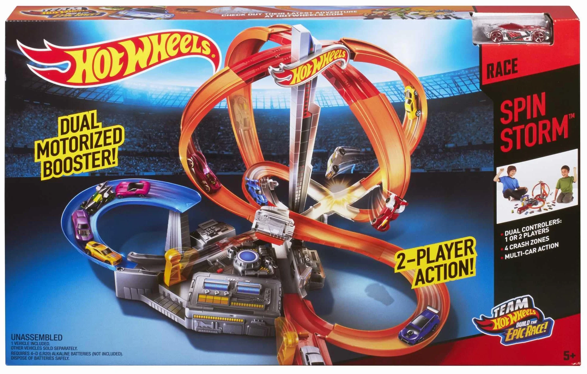 Hot Wheels Zakręcony karambol Zestaw z pomarańczowym torem, zawrotną prędkością, pętlami na kilka pojazdów i przyspieszaczem, dla dzieci od 6 roku życia, CDL45