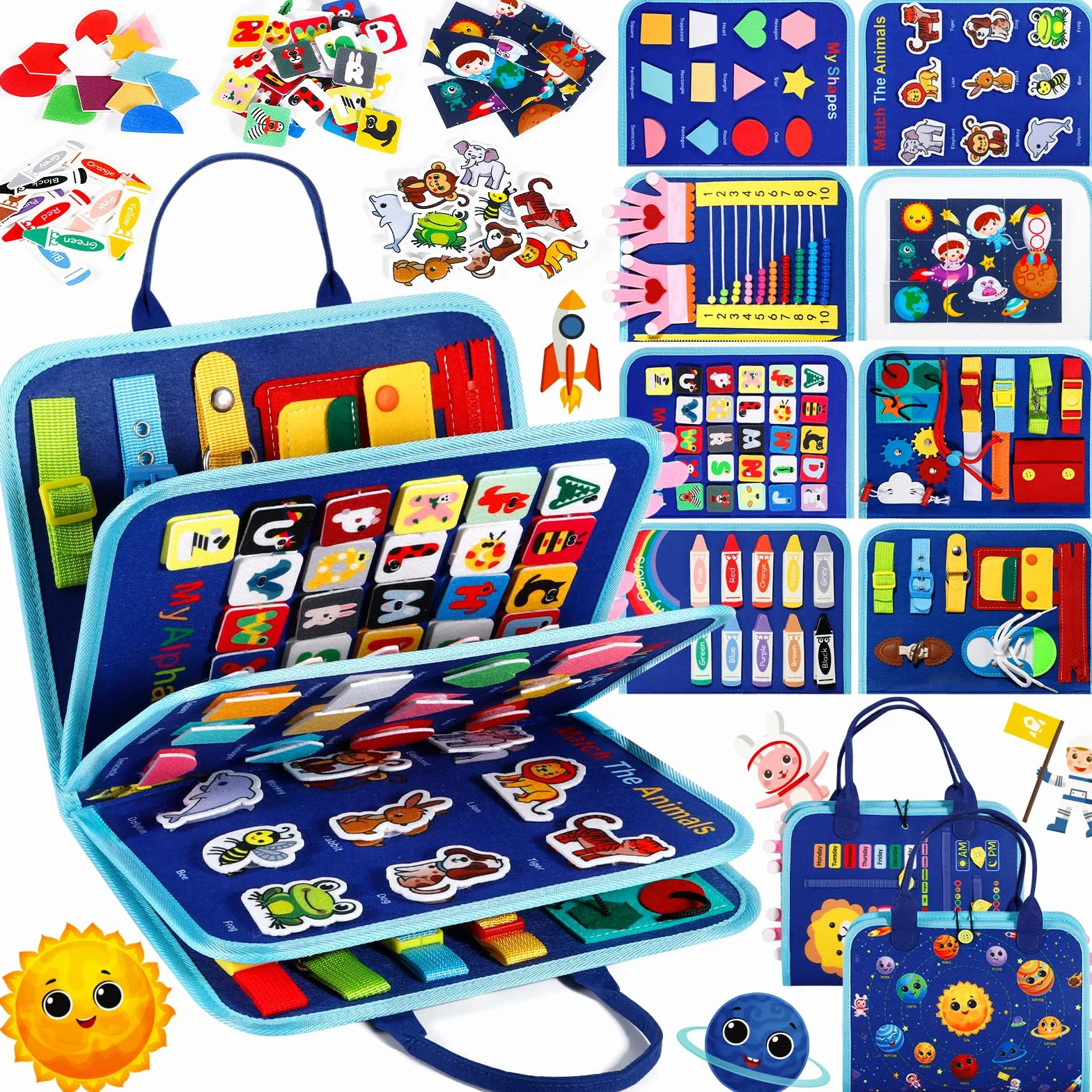 Busy Board para Niños,Juguete Educativo Montessori 9en1,Tablero Sensorial de 5 Capas en Fieltro Suave,Aprendizaje de Habilidades de Vida y Motricidad Fina,Juguete Portátil para Viajes,Regalo 1-5 Años