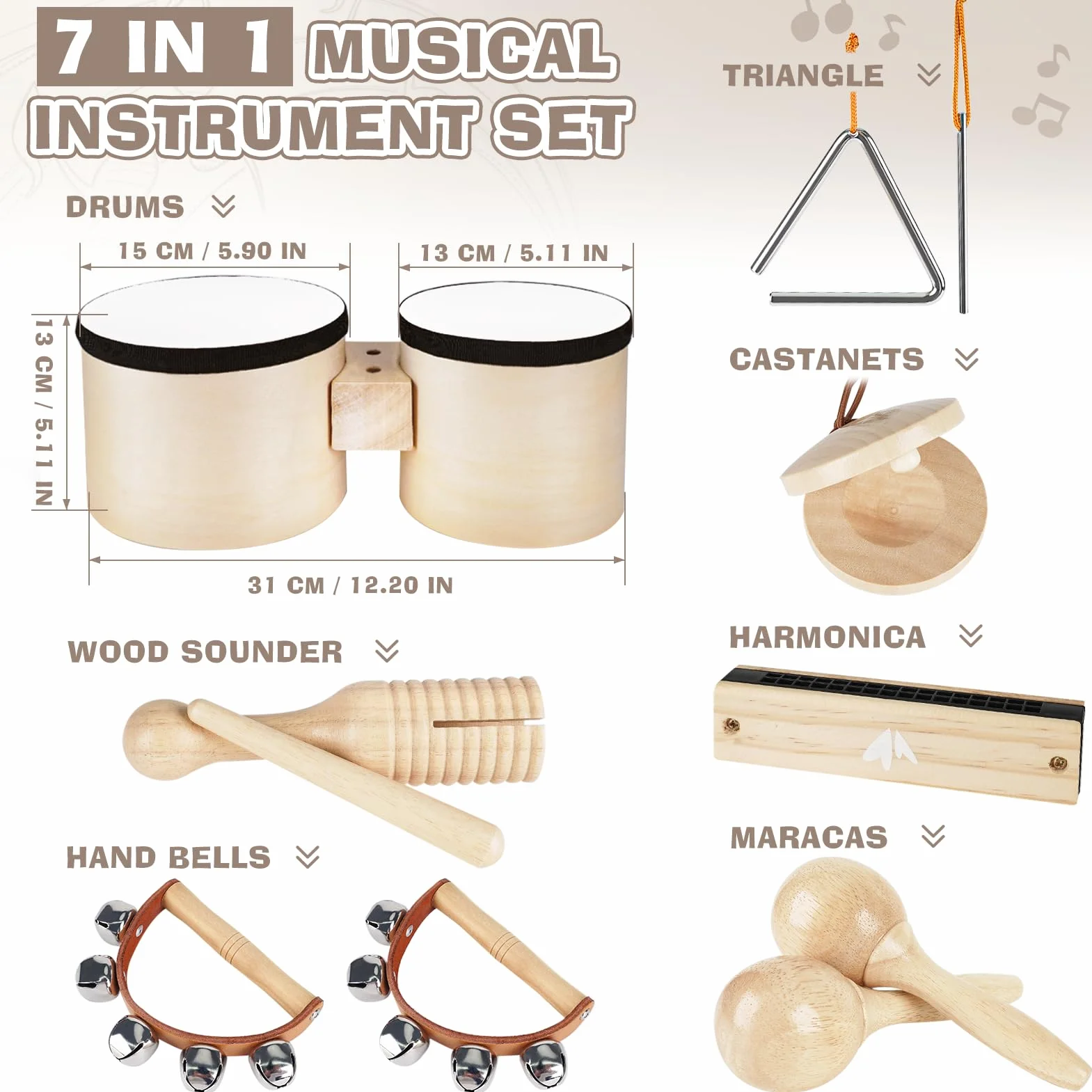 Zabawka dla dzieci instrument muzyczny dla dzieci, bęben, Montessori, drewniana zabawka, prezent dla dziewczynki, dla chłopców 2, 3, 4, 5 lat